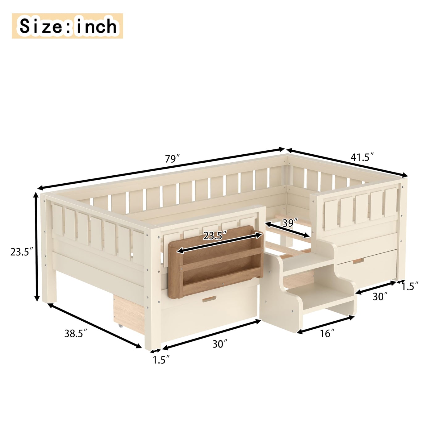 Bellemave Twin Bed with Slats and Stairs, Twin Size Platform Bed Frame with Fence, Bookshelf and Storage Drawers, Easy Assemble Beds for Kids, Girls, Boys, Beige