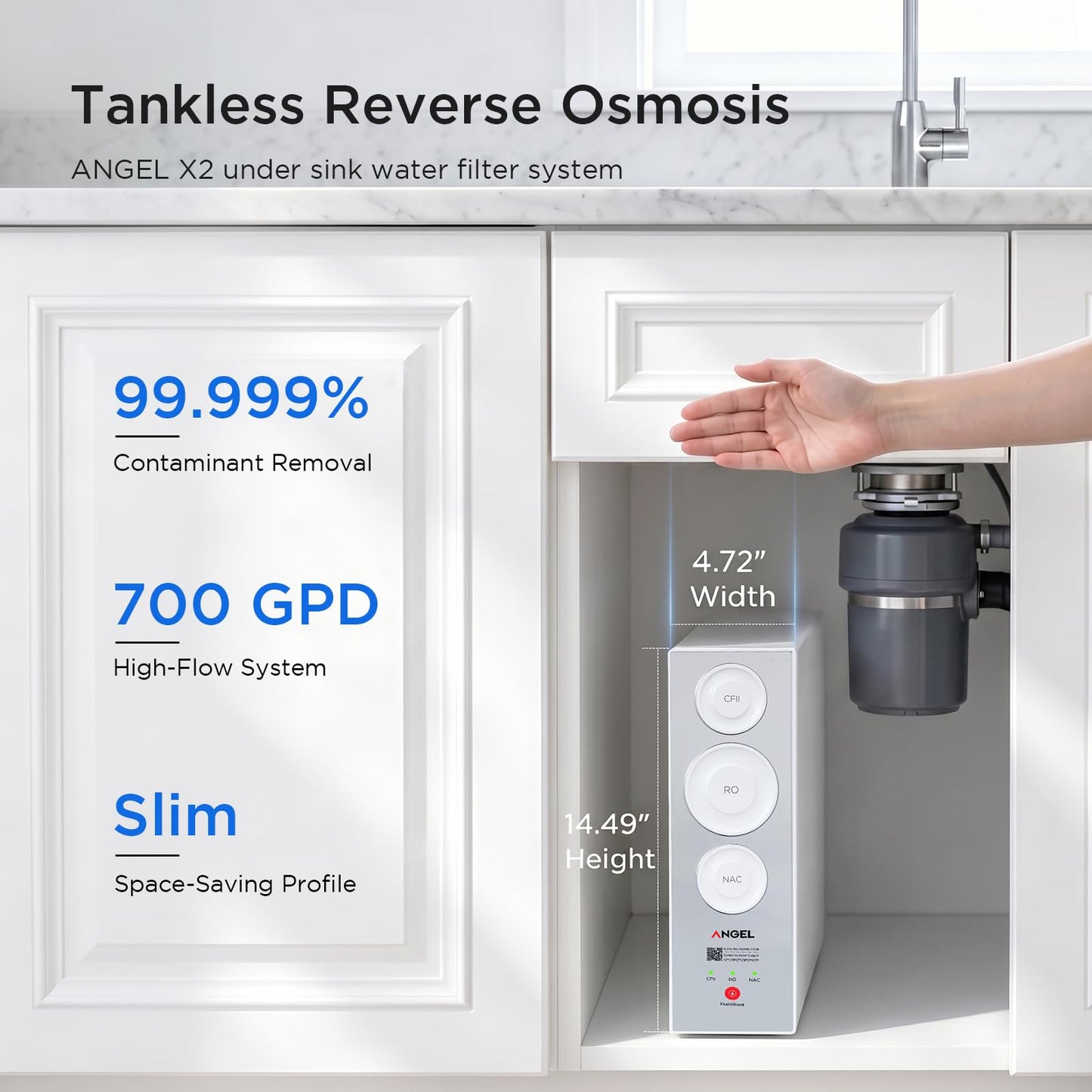 ANGEL X2 Tankless Reverse Osmosis Water Filter System, 700GPD, Removes 99% PFAS, Tested to NSF/ANSI 58, 42 & 372 Standards, 2.5:1 Pure to Drain, Reduce Chlorine, TDS, Under Sink RO System with Faucet