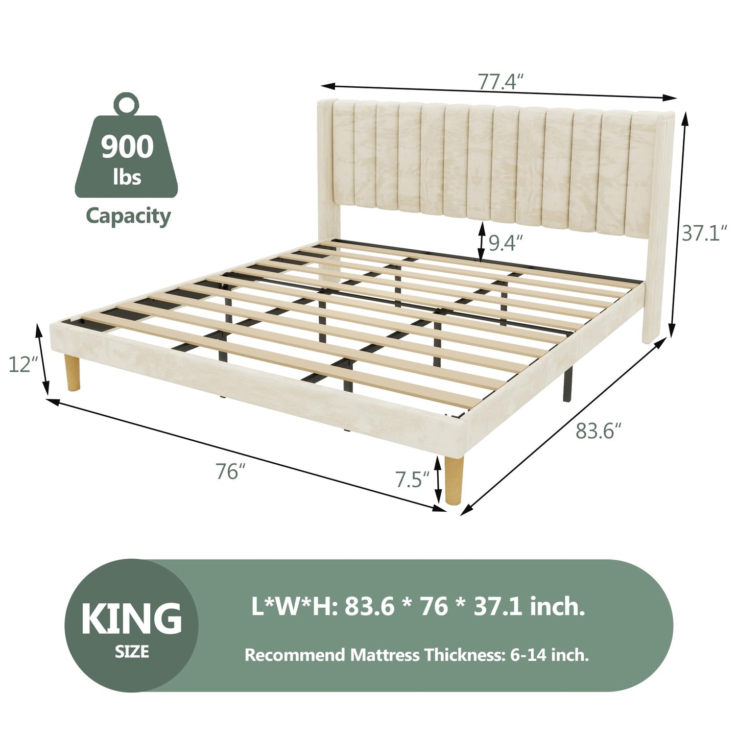 alazyhome Platform Bed Frame King Size with Upholstered Headboard, Solid Wood Slats Support, No Box Spring Needed, Noise Free, Easy Assembly, Modern Velvet Bed, Beige