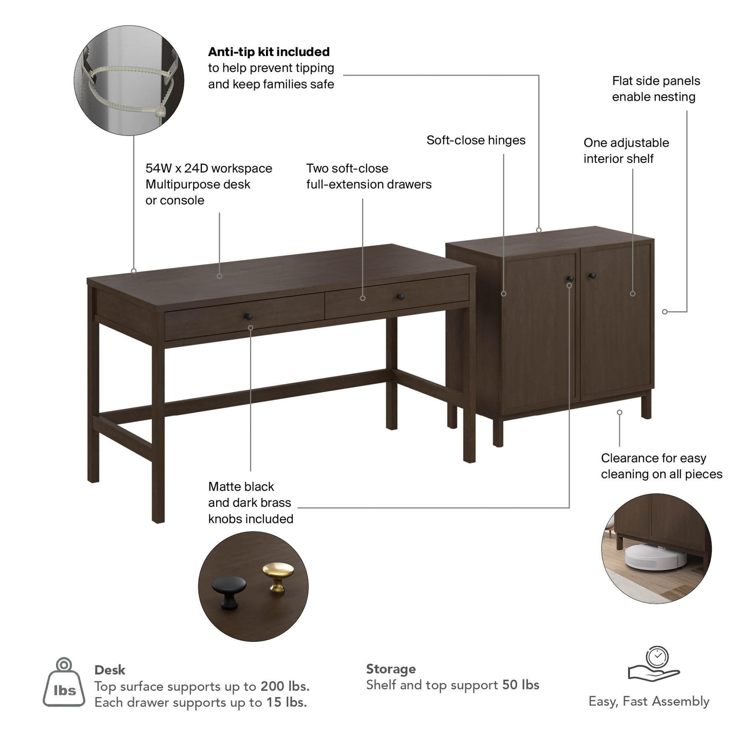 Bush Home 54-Inch Writing Desk with 2 Door Low Storage Cabinet, Computer Study Laptop Table Workstation, Drawers and Adjustable Shelves, Home Office Furniture Set, Avery Collection, Chocolate Birch