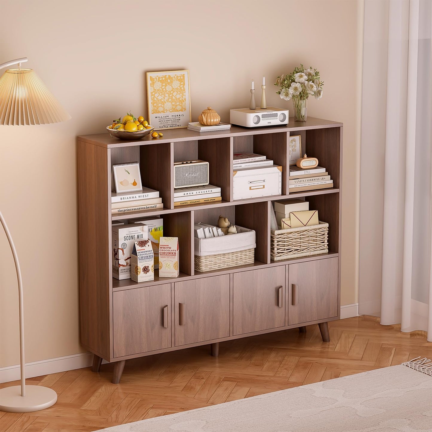 OSCHF Cubby Shelf Bookcase with Doors - Wooden 11 Cube Floor Standing Open Bookshelf with Solid Wood Legs, 3-Tier Storage Cabinet, Walnut