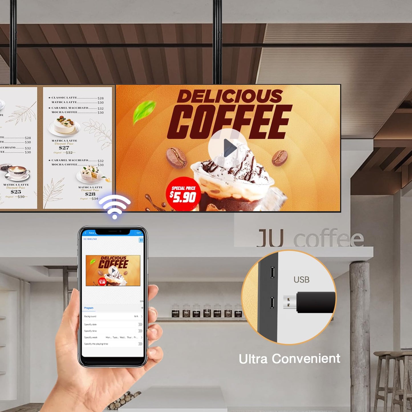 Canlarriz Digital Signage Display 50 inch Wall Mount Digital Menu Board for Restaurants and Stores Advertising Screen 1000 nits Ultra-High Brightness 4K UHD Free Web Content Editor Android 4GB + 32GB