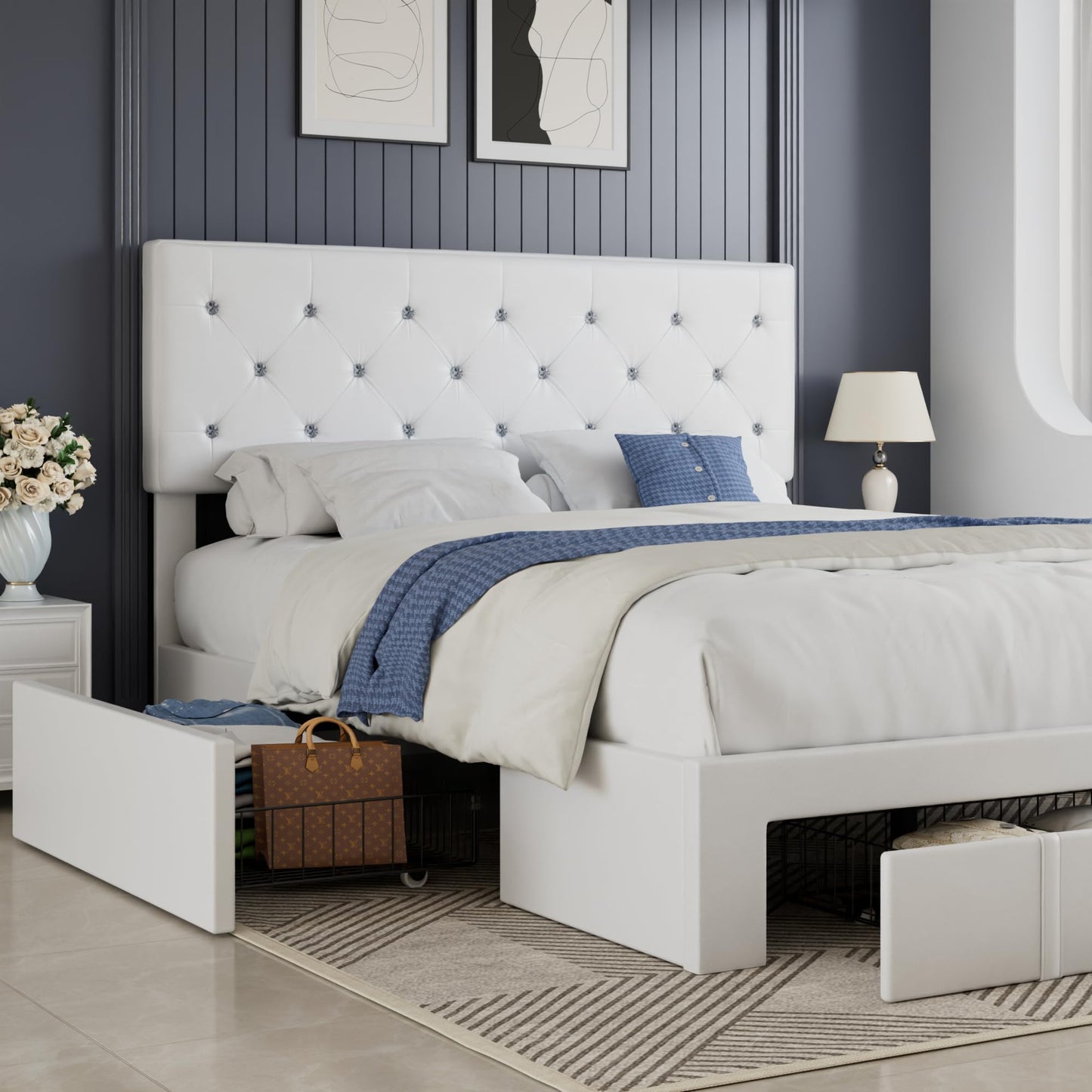 VECELO Full Size Bed Frame with 3 Storage Drawers, Leather Upholstered with Diamond Tufted Headboard, Solid Wood Slat Support & Steel Framework, PU & White
