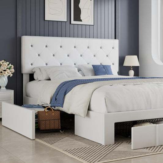VECELO Full Size Bed Frame with 3 Storage Drawers, Leather Upholstered with Diamond Tufted Headboard, Solid Wood Slat Support & Steel Framework, PU & White
