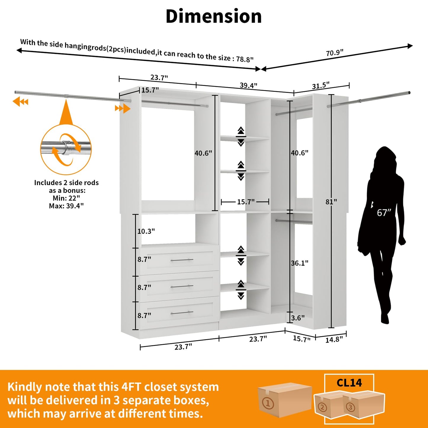 Closet System with 3 Drawers, Corner Closet Organizer Systems with 7 Shelves & 5 Hanging Rods L-Shaped Walk in Closet Freestanding Corner Tower Modular Storage System 2 Sets 1400+ Lbs Capacity White