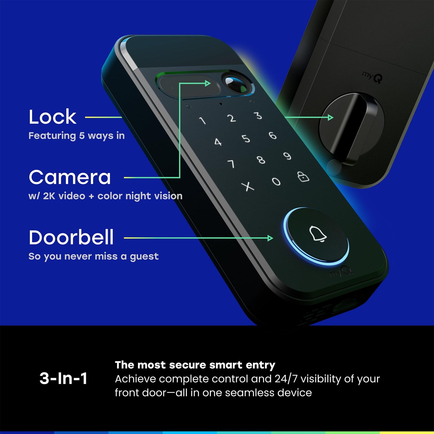 myQ Secure View™ 3-in-1 Smart Lock Deadbolt + myQ Chime + Extra Battery, Keyless Entry Lock, 2K HDR Doorbell Camera, Face, Fingerprint & PIN Access, App Control, Color Night Vision & Two-Way Audio