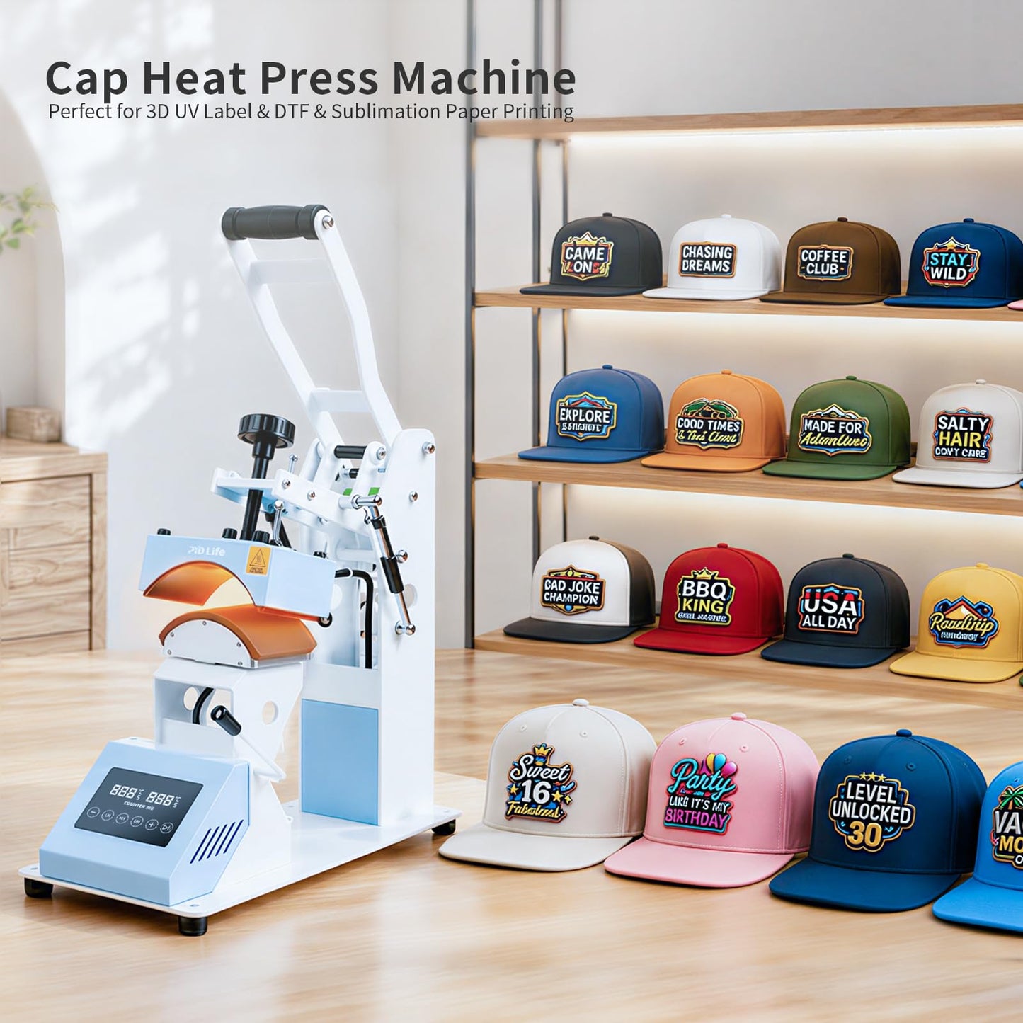 PYD Life 2 in 1 Top and Bottom Heat Press Machine H2C Pro Light Blue 110 V, Mini Combo Hat and Flat Press for DTF 3D UV DTF Labels, Double-Sided Blanks Sublimation Printing