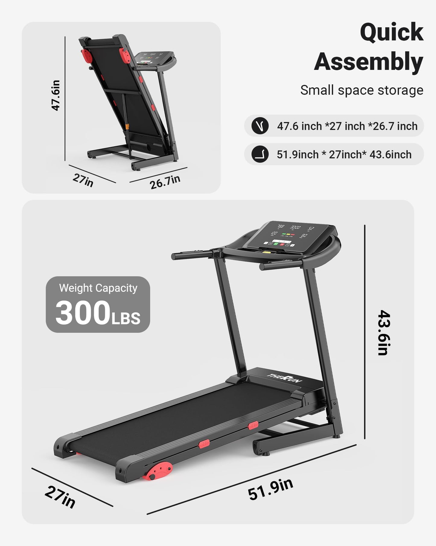 THERUN Incline Treadmill, Manual Incline Treadmill for Running and Walking, 300 lbs Weight Capacity, Wide Belt,3.0HP,18" LED Screen, 2 Layers Shock-Absorbing, Red