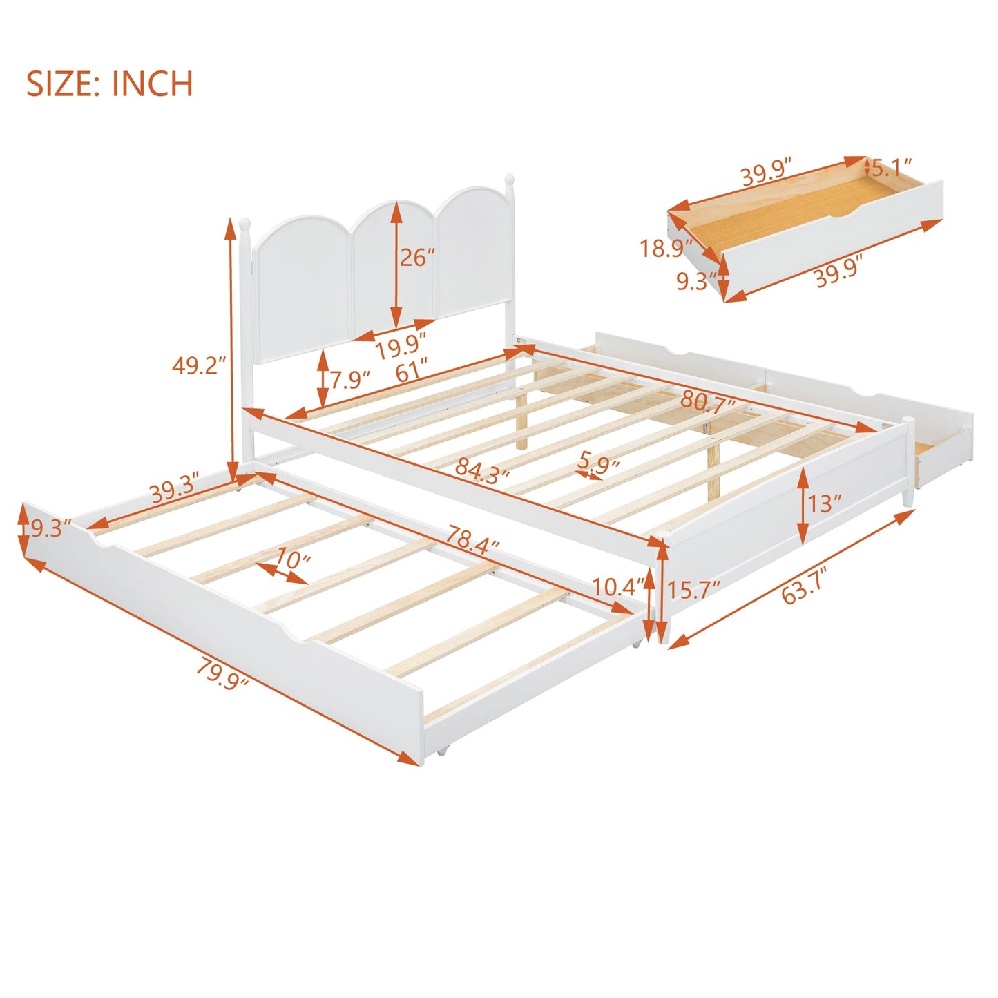 Merax Queen Size Platform Bed with 2 Storage Drawers and Twin XL Size Trundle, Rustic Design Wooden Bed Frame, White