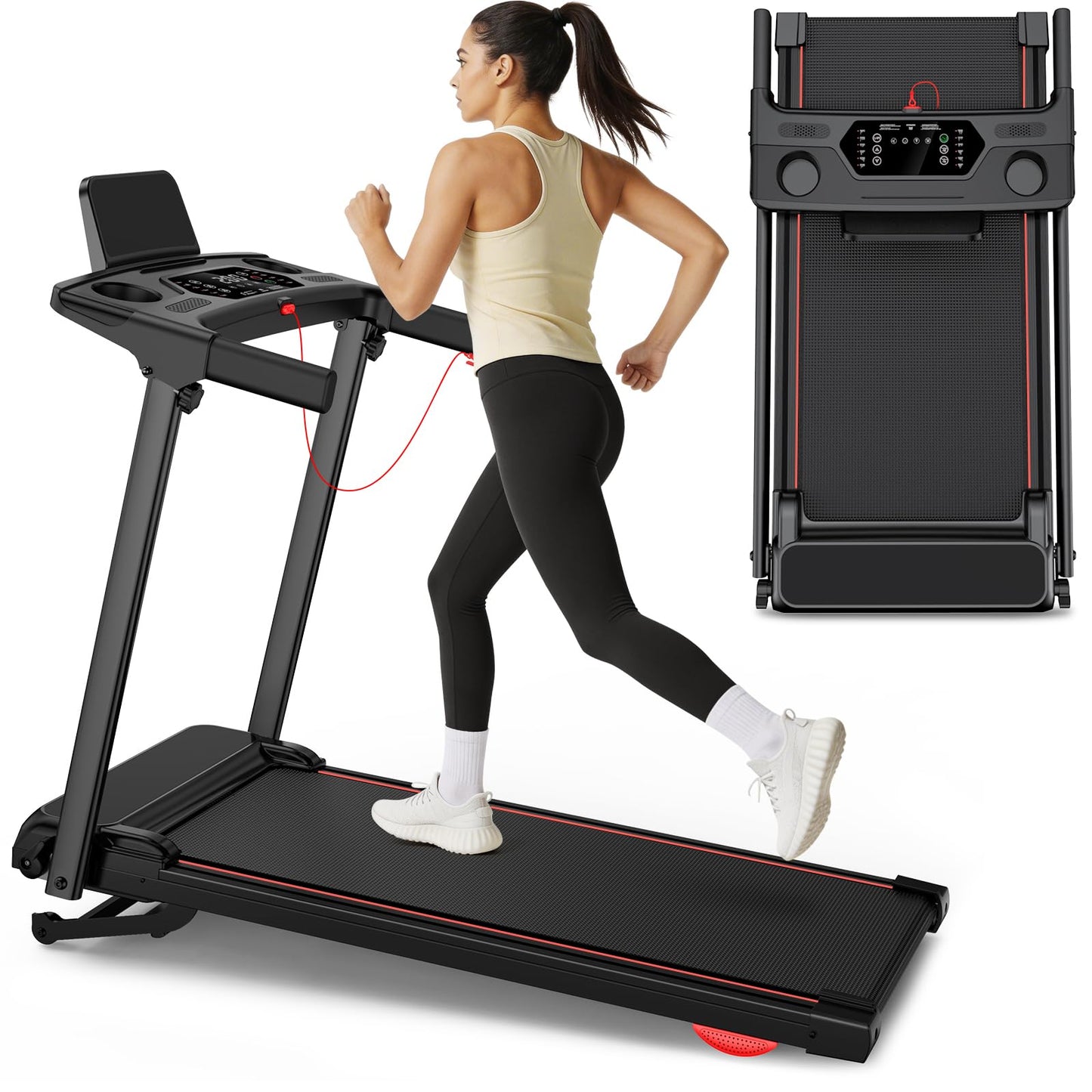 Treadmill with 0-15% Auto Incline, 0.6-7.5MPH Foldable Walking Pad Treadmill with Handle Bar for Home Small, 3.0HP Low Noise Portable Walking Running Machine for Small Space, 350LBS Capacity Black