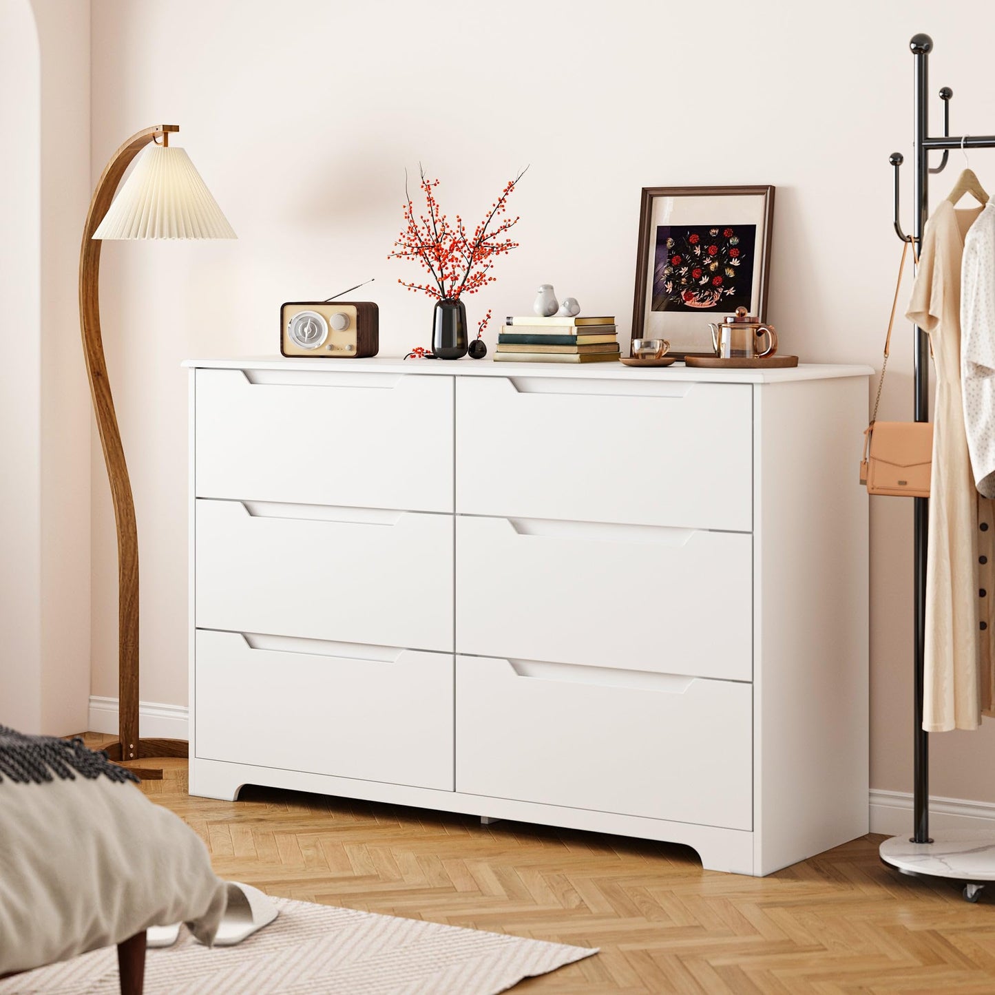 Gizoon 6 Drawer Double Dresser for Bedroom with Anti-Tip Design, Modern Wide Wooden Chest of Drawers with Cut-Out Handles, Closet Storage Organizer and TV Stand for Living Room, Hallway, Entryway