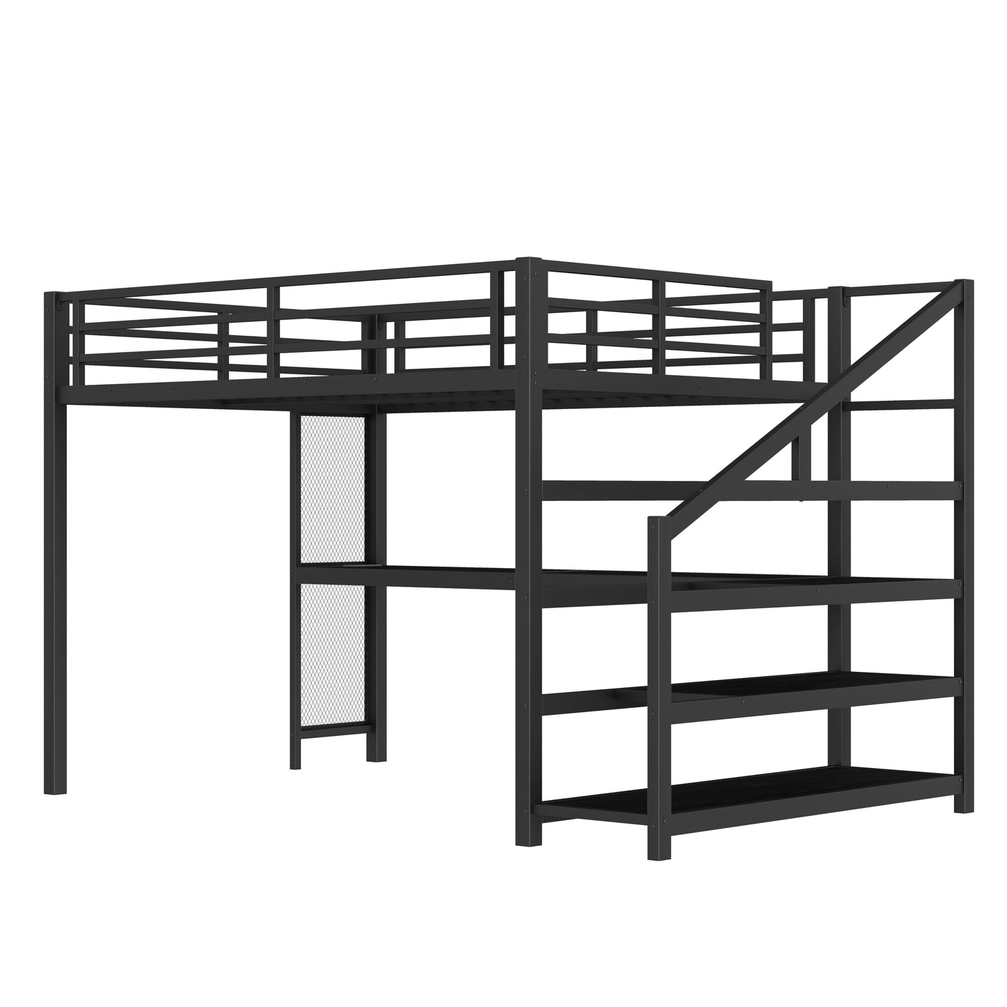 Bellemave Queen Loft Bed with Desk & Storage Stairs, Metal Queen Size Loft Bed Frame with Iron Nets, LED Lights & USB Ports, Heavy Duty Adult LoftBed for Bedroom, Noise-Free, Black Wood