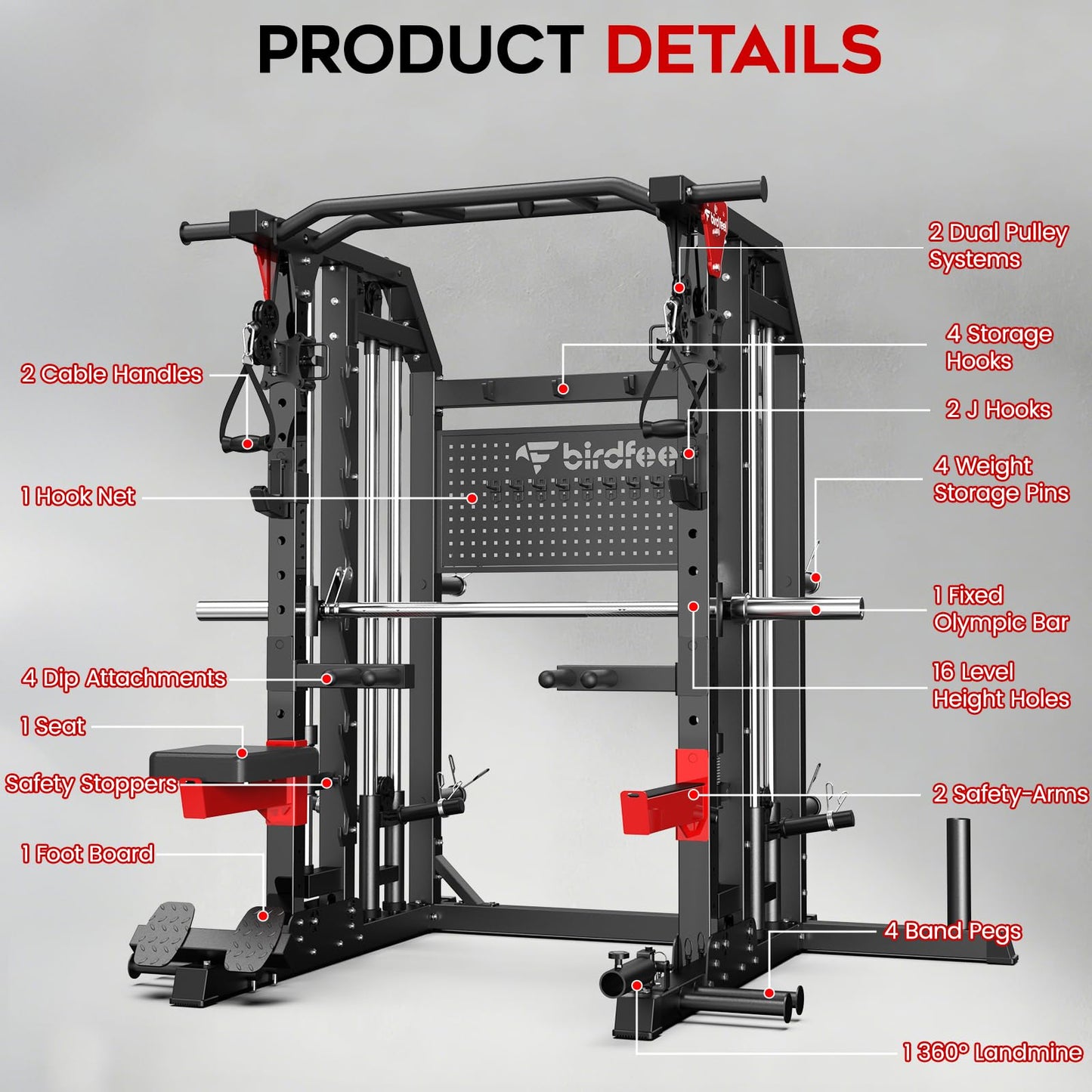 Birdfeel Multi-Function 2000LB Smith Machine Power Cage, Home Gym Squat Rack Featuring LAT Pulldown, Dual Pulley Cable Crossover, Gym-Quality Power Rack with Strength Training Attachments, Pegboard