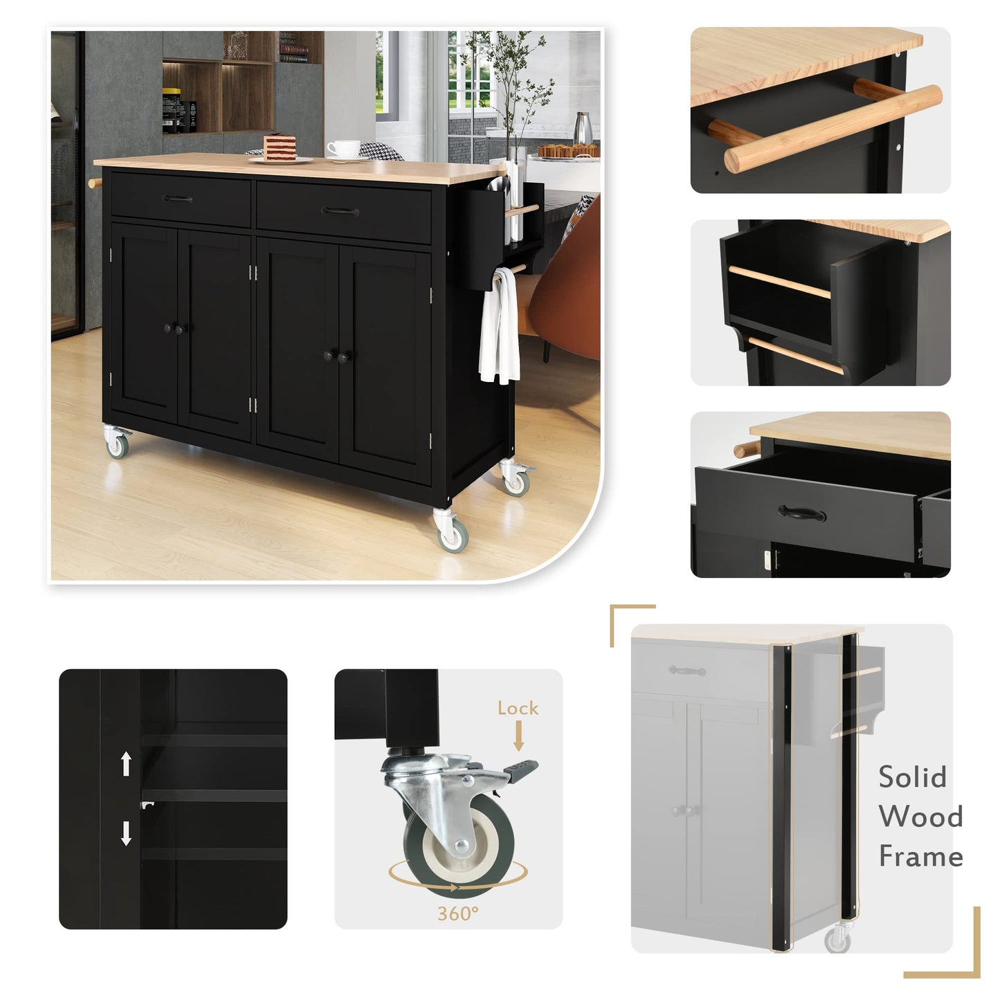 Merax Rolling Mobile Kitchen Island Cart with Wood Top and Locking Wheels, 4 Door Cabinets and 2 Drawers, Spice & Towel Rack, 54.3 Inch Width, Black
