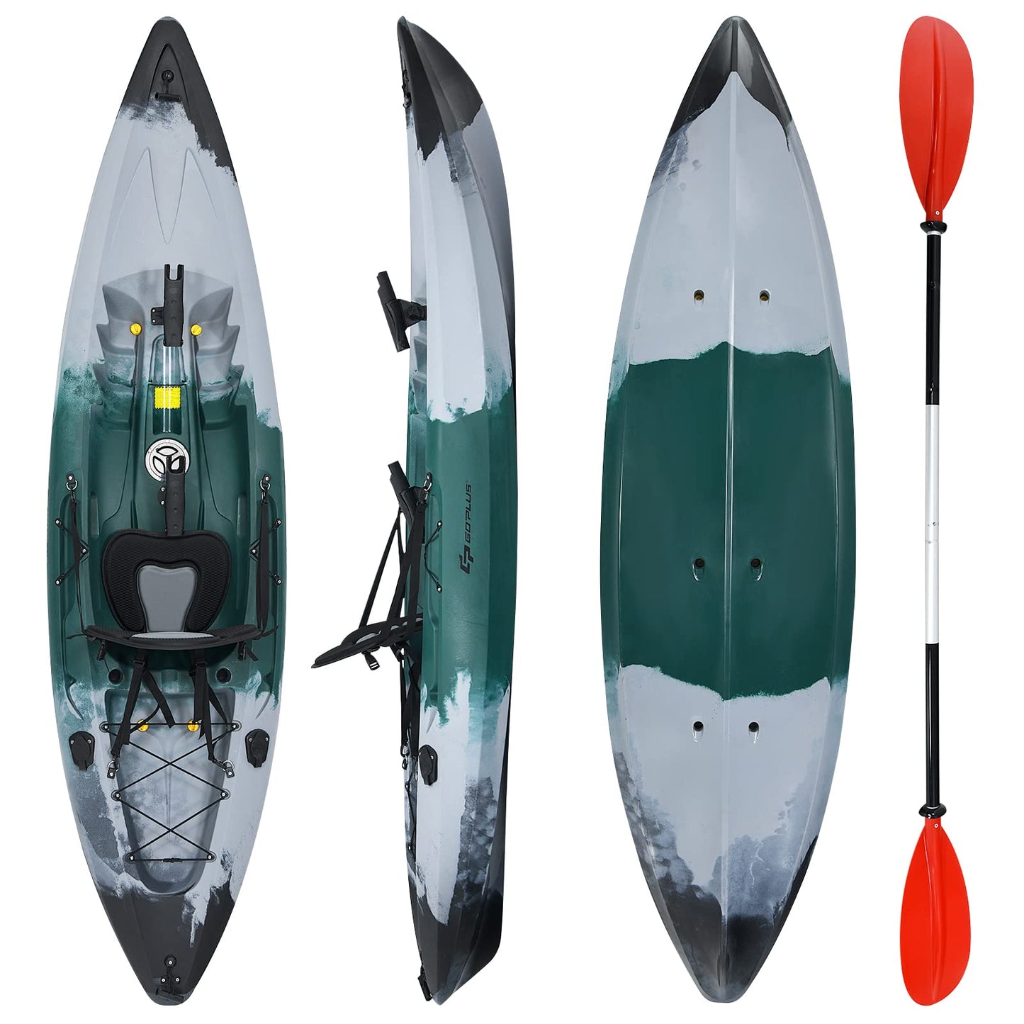 9.7FT Sit-On-Top Kayak Boat for Adults, 1-Person Fishing Kayak Raft with Aluminum Paddle & 4 Fishing Rod Holders, Portable Touring Kayak for Sea, Lake & River
