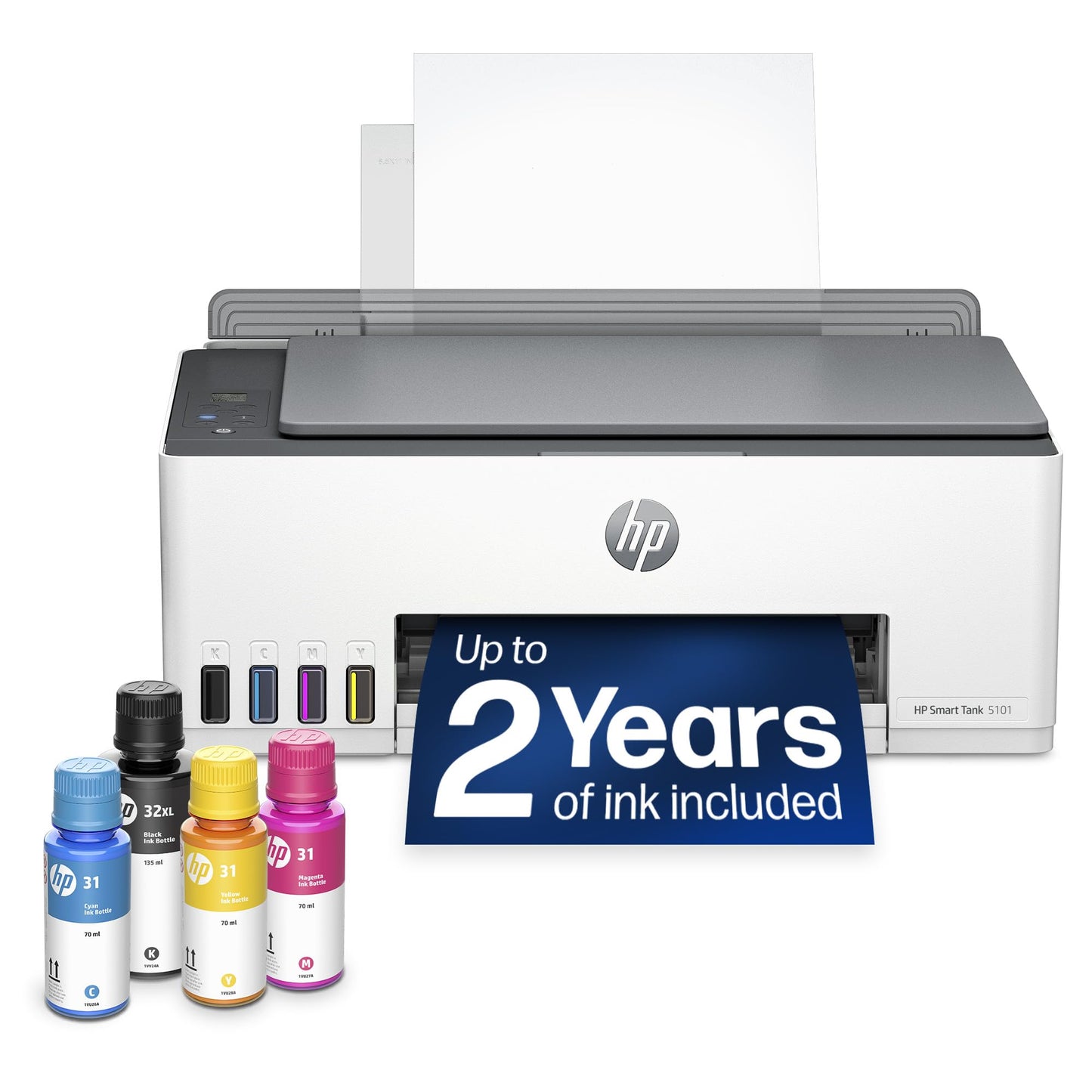 HP Smart Tank 5101 Wireless All-in-One Refillable Printer, Scanner, Copier with 2 Years of Ink Included, Wireless (2.4ghz only) Printer-for-Home use (1F3Y0A)
