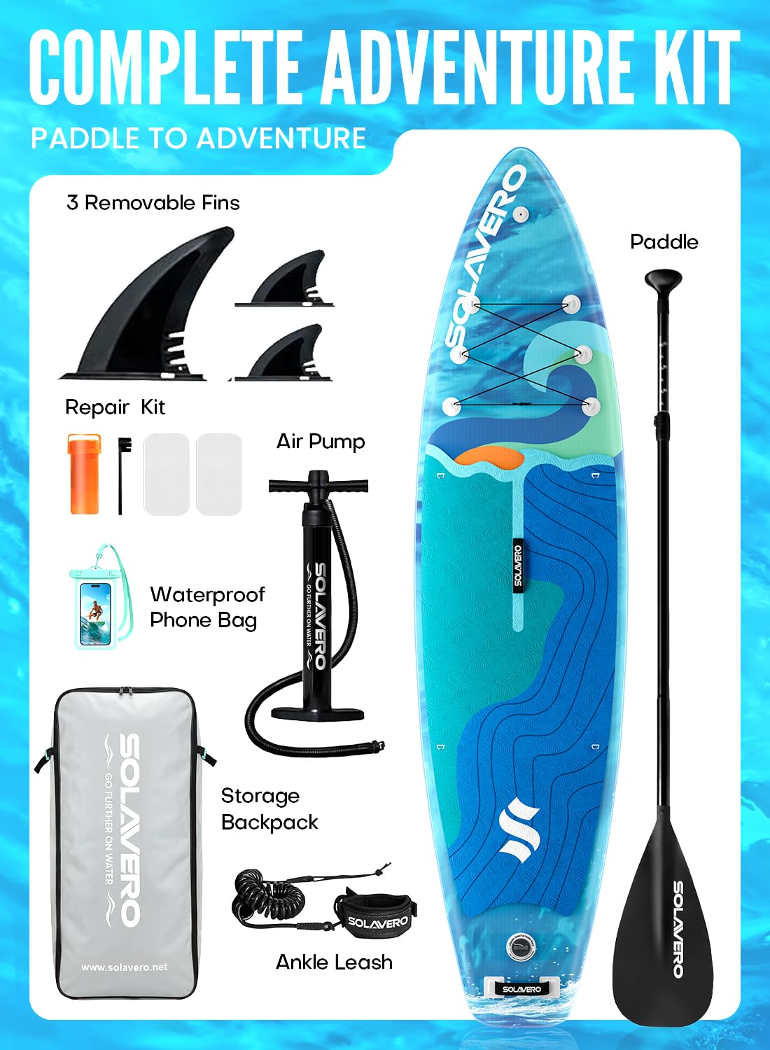 SOLAVERO 11' Inflatable Stand Up Paddle Board with SUP Accessories, Blow Up Paddle Board with Anti-Slip EVA Deck for Adults All Skill Levels, 500lb Capacity
