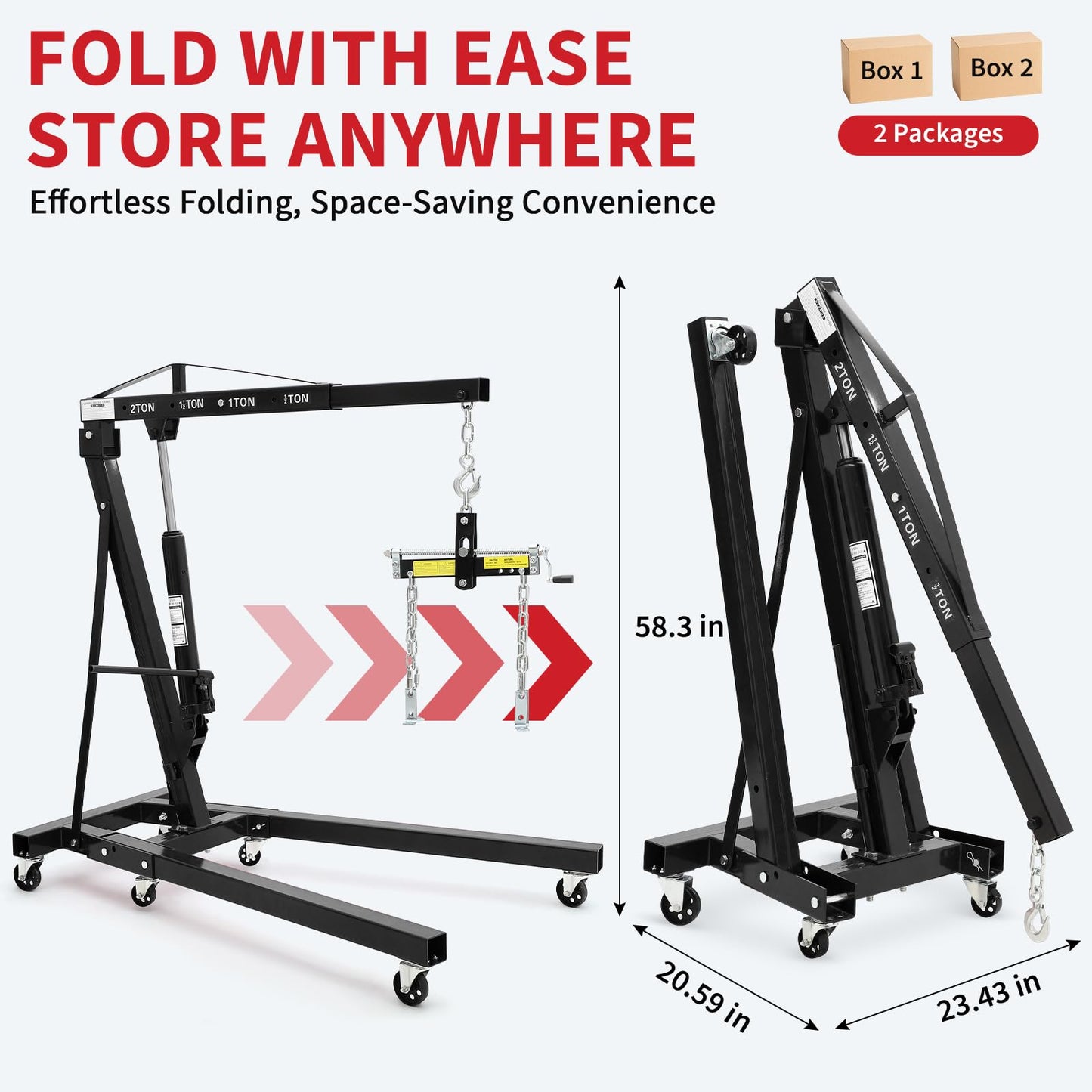 2 Ton Folding Hydraulic Engine Hoist with Load Leveler 4400 LBS Capacity Heavy Duty Cherry Picker 6 Swivel Wheels&Hydraulic Pump Adjustable Boom (0.5T-2T) for Garage Workshop Warehouse