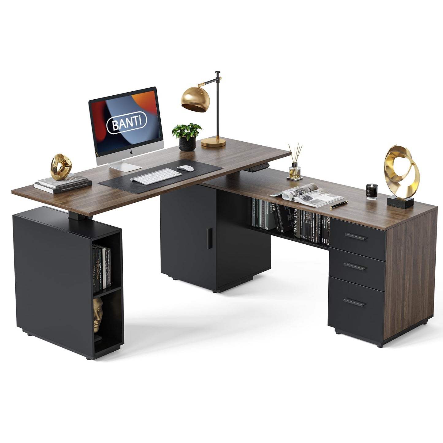 BANTI Executive L Shaped Standing Desk with 3-Drawer File Cabinet, 63" Electric Height Adjustable Stand up Desk for Home Office, Computer Desk with Storage Cabinets, Black Walnut Top