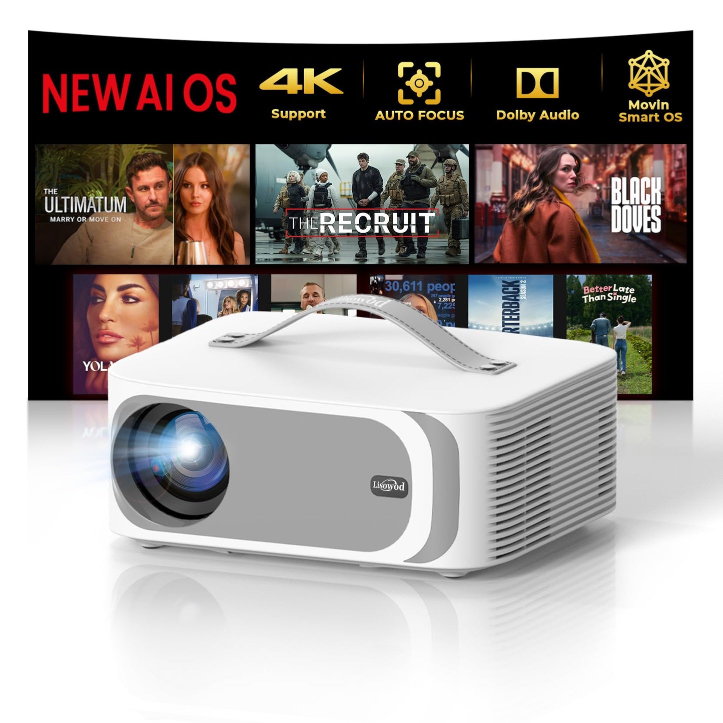 [5000+ Official-Apps & AI Auto Focus & 50W Dolby Audio] Outdoor-Projector-4k with WiFi and Bluetooth, AI Movin 2.0 OS Smart Projector with HDR10+, Lisowod Portable 4K Proyector 2026 Upgraded