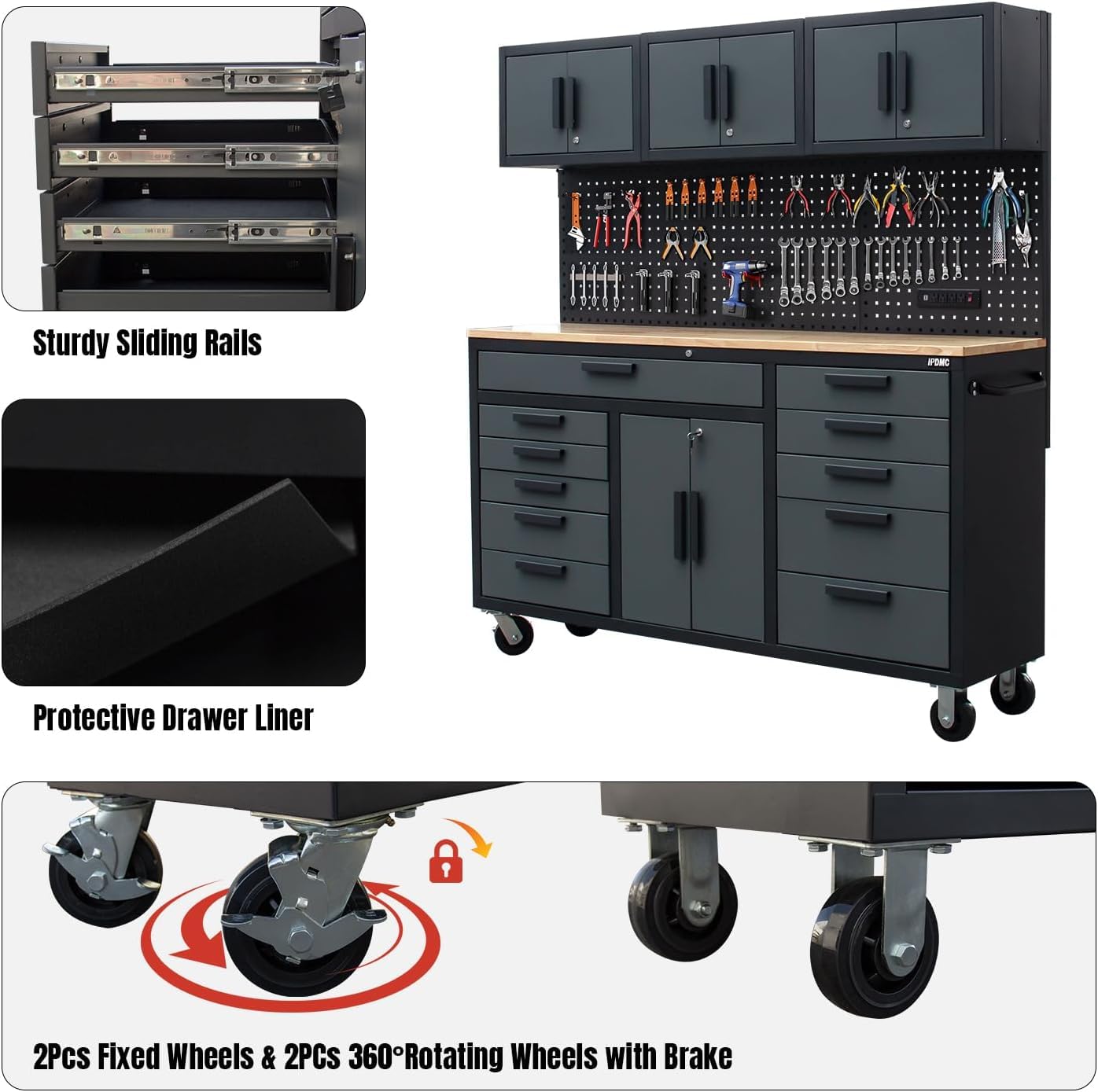 Tsnritor 72in Rolling Tool Chest Cabinet Mobile Garage Workbench Heavy-Duty Tool Cabinet on Wheels with 11 Drawers, 2-Door Cabinet, 3 Top Cabinet, Pegboard & Power Strip for Tool Organization