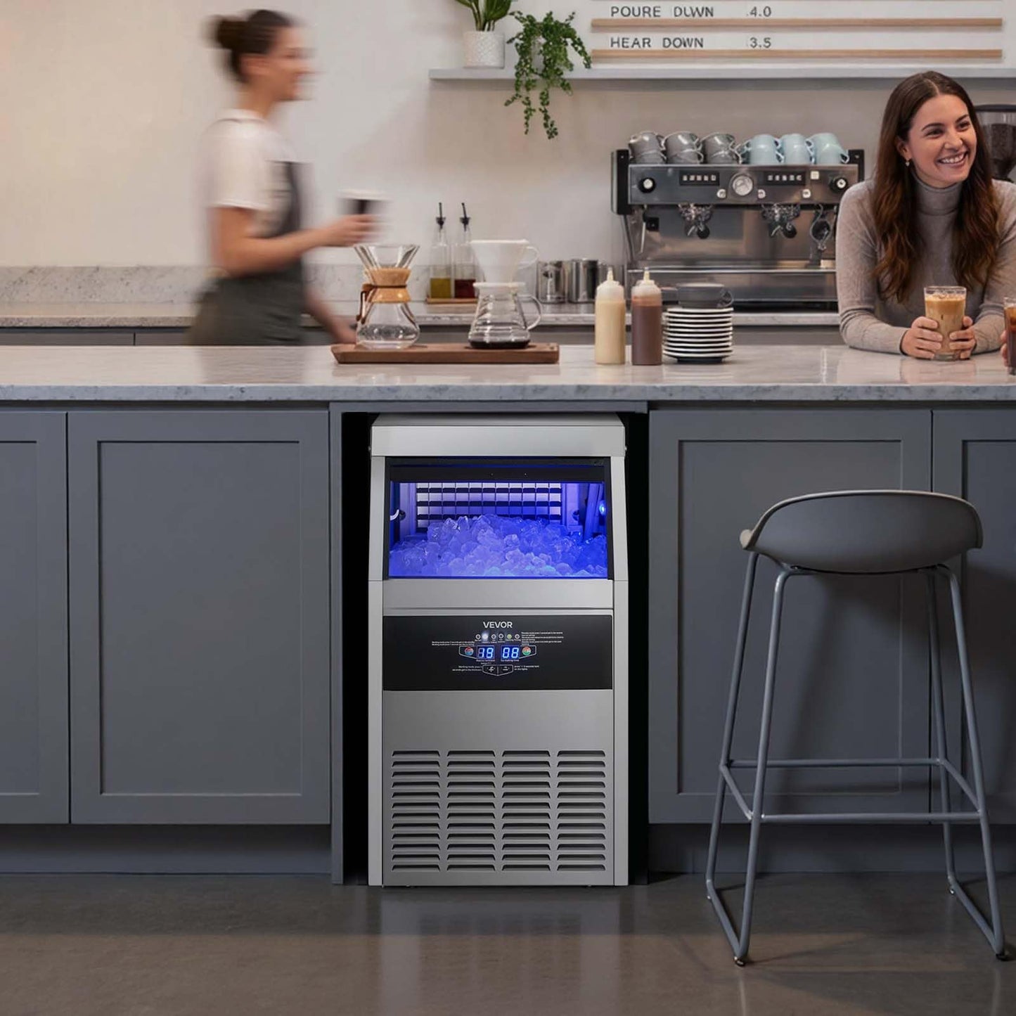 VEVOR Commercial Ice Maker Machine, 160 lbs/24h with 30 lbs Storage Capacity, Built-in/Freestanding/Under Counter, Stainless Steel Ice Maker with LED Display & Self-Cleaning, for Home Bar Restaurant