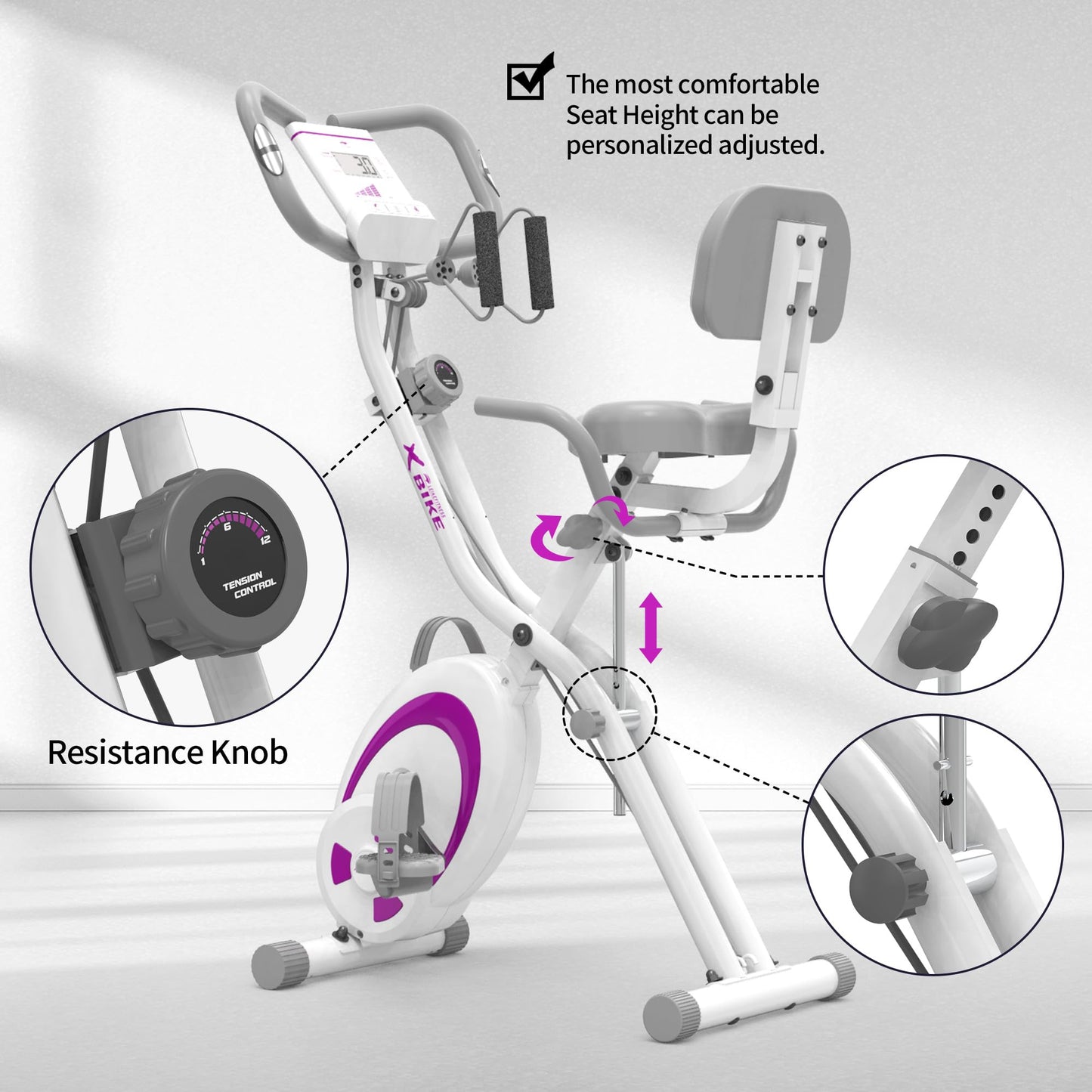 leikefitness Folding Stationary Bike Recumbent Exercise Bike w/Arm Resistance Bands-Pulse Sensor-LCD Monitor and Easy to Assemble Indoor Cycling Bike 2280 (PURPLE)