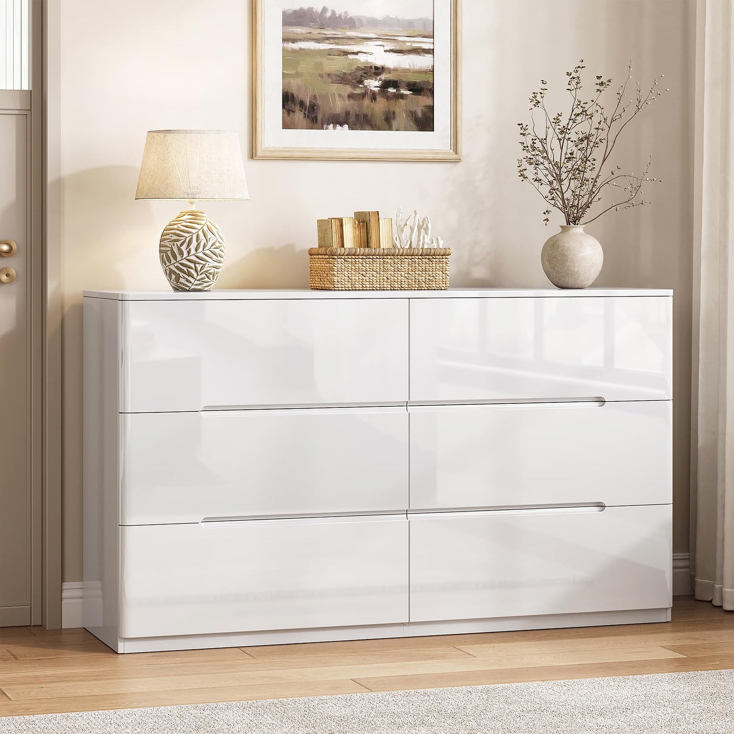 ZORPLIX White Wood Dresser, 6 Drawer Dressers for Clothes Storage for Bedroom, Modern Dresser with Wide Drawers, Wide Wooden Chest Drawers for Living Room, Entryway, TV Stand