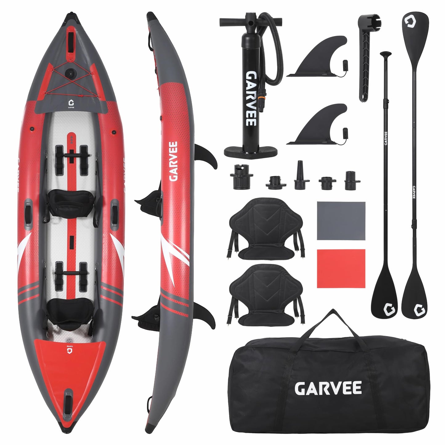 Portable Inflatable Kayak, 2 Person Tandem Recreational Kayak, Kayak Set for Adults and Kids with Paddle, Seat, Pedal, Hand Pump and Bag, Red and Grey Fishing & Touring Kayaks for Beginners