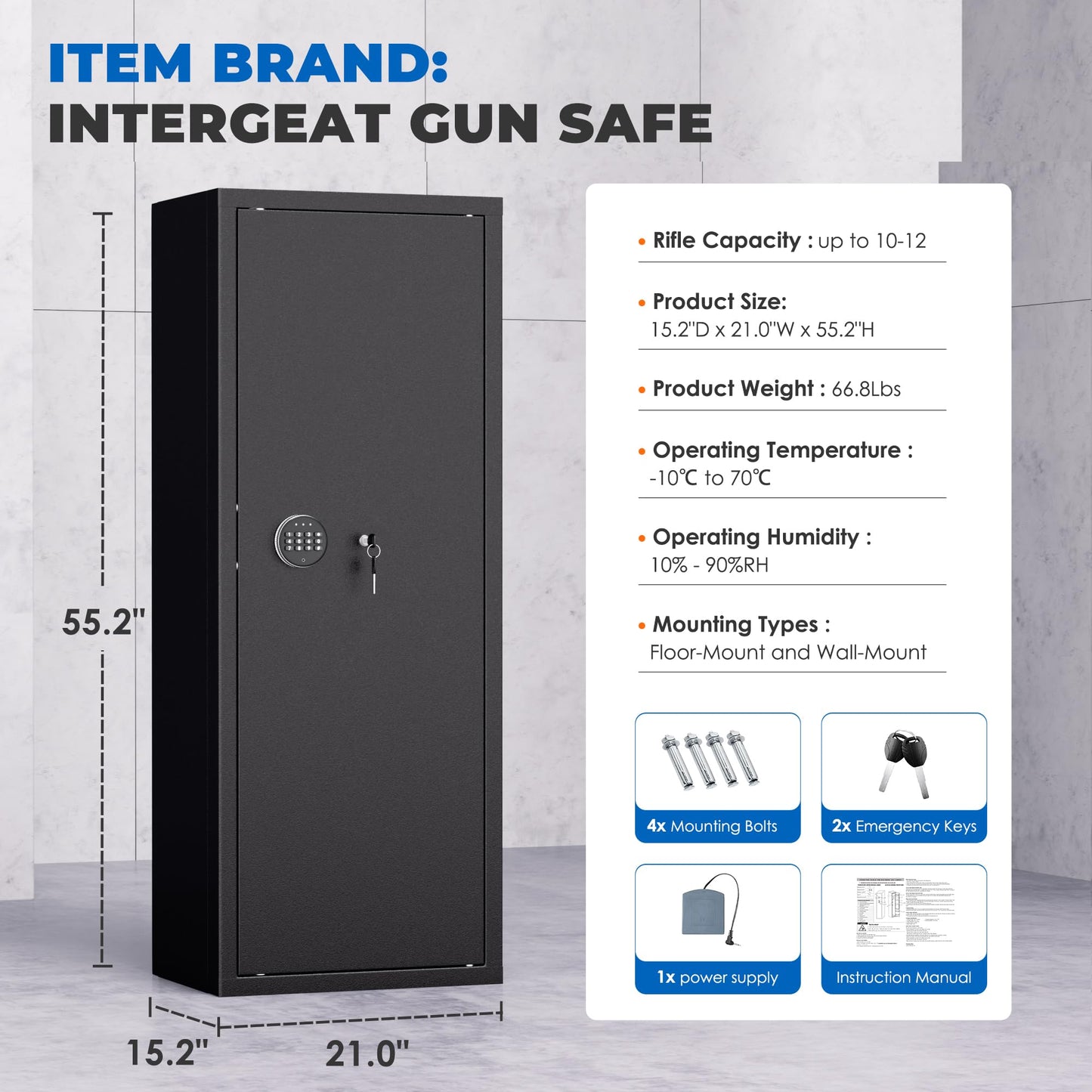 Brightpeak 10-14 Gun Safe, Large Gun Safe for Home Rifle and Pistol, Quick Release Fireproof Gun Cabinet, Locking Gun Safe with Removable Shelves and Pockets