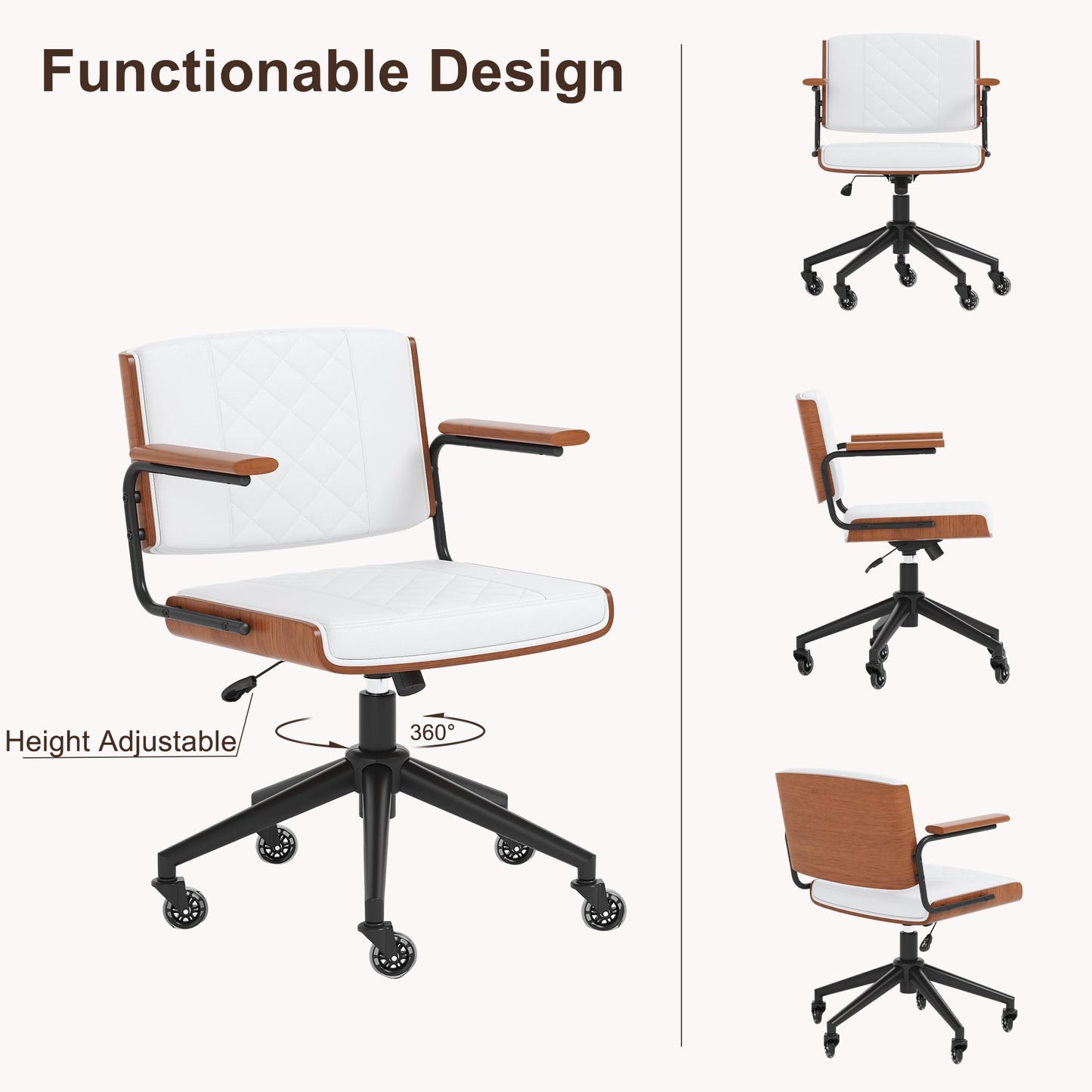 CoVibrant Ergonomic Office Chair with Rubber Wheels & Walnut Arms - PU Leather Mid-Back Desk Chair, Adjustable Height, Bentwood Backrest | Swivel Rocking Design for Home Office, Meeting Room, Study