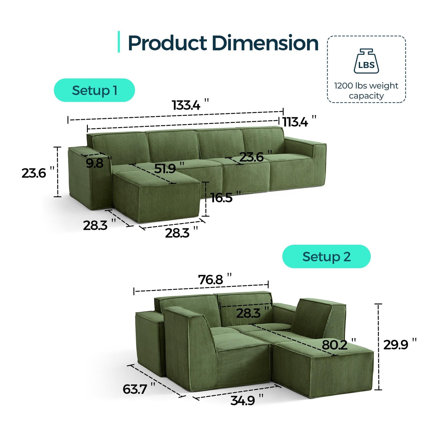 LINSY HOME Modular Sectional Sofa, 134" Boneless Couch L Shaped 4-Seat Sofa with Movable Ottoman, Corduroy Sectional Cloud Couches for Living Room, No Assembly Required, Green