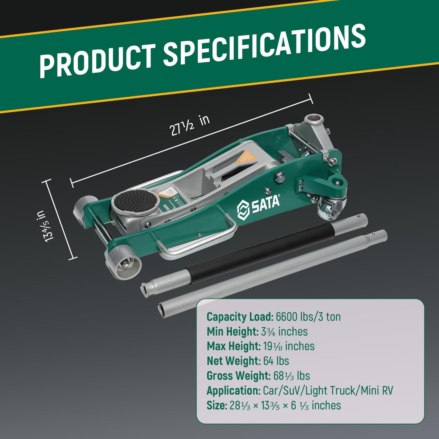 SATA 3-Ton (6,600 lb) Aluminum Floor Jack, Low-Profile Design with Dual-Piston Rapid Lift Pump, Tested for 1.5X Overload for Ultimate Safety, 30% Lighter Than Steel Model