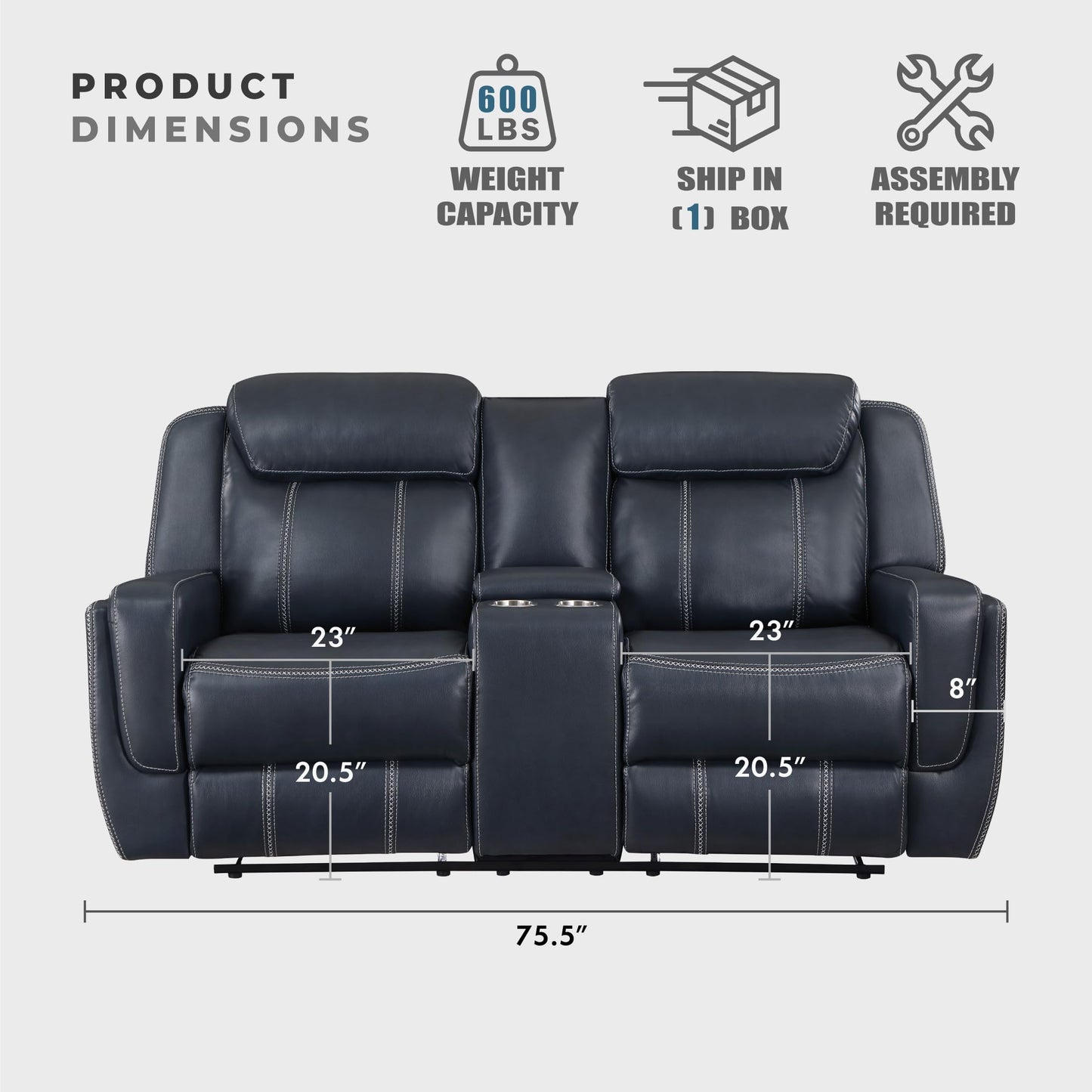 Lexicon Modern Double Reclining Loveseat, Faux Leather Recliner Loveseat with Headrest, Center Console, Receptacles and USB Ports, Manual Recliner Loveseat Sofa for Living Room/Office/Apartment, Blue