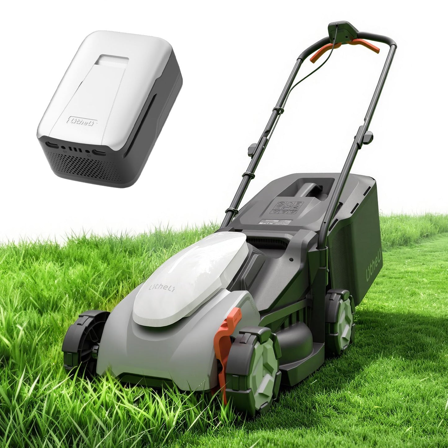 Litheli 14 Inch Battery Lawn Mower with 8.0Ah Long Runtime Battery, Brushless Motor, 5 Cutting Heights 1 to 2.5 Inch, 9 Gal Grass Catcher, Removable Handle, Ideal for Mid Size Lawns