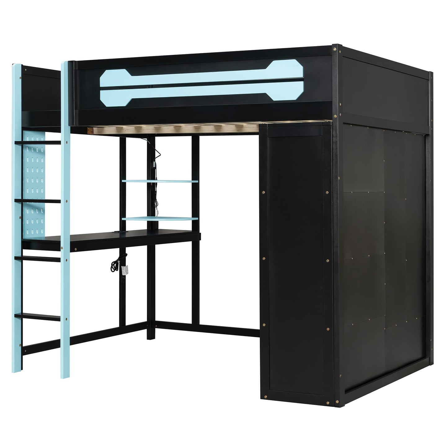 Merax Full Size Loft Bed with Desk and Open Wardrobe, Wooden Gaming Loft Bed Frmae with Light and Charging Station, Space-Saving Bed with Safety Guardrail, No Box Spring Needed, Blue
