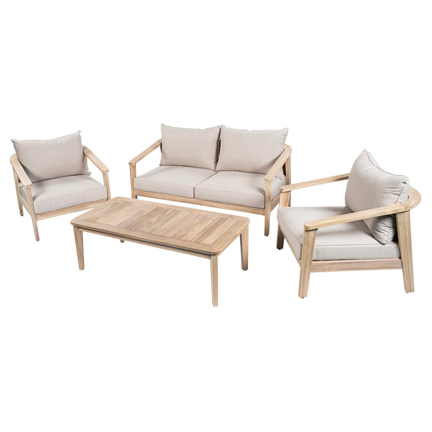 GDFStudio Mayeo 4-Piece Acacia Wood Patio Furniture Set, Outdoor Conversation Sofa Set with Club Chair and Coffee Table, Patio Sectional Chat Set for Backyard Balcony, Light White+Beige