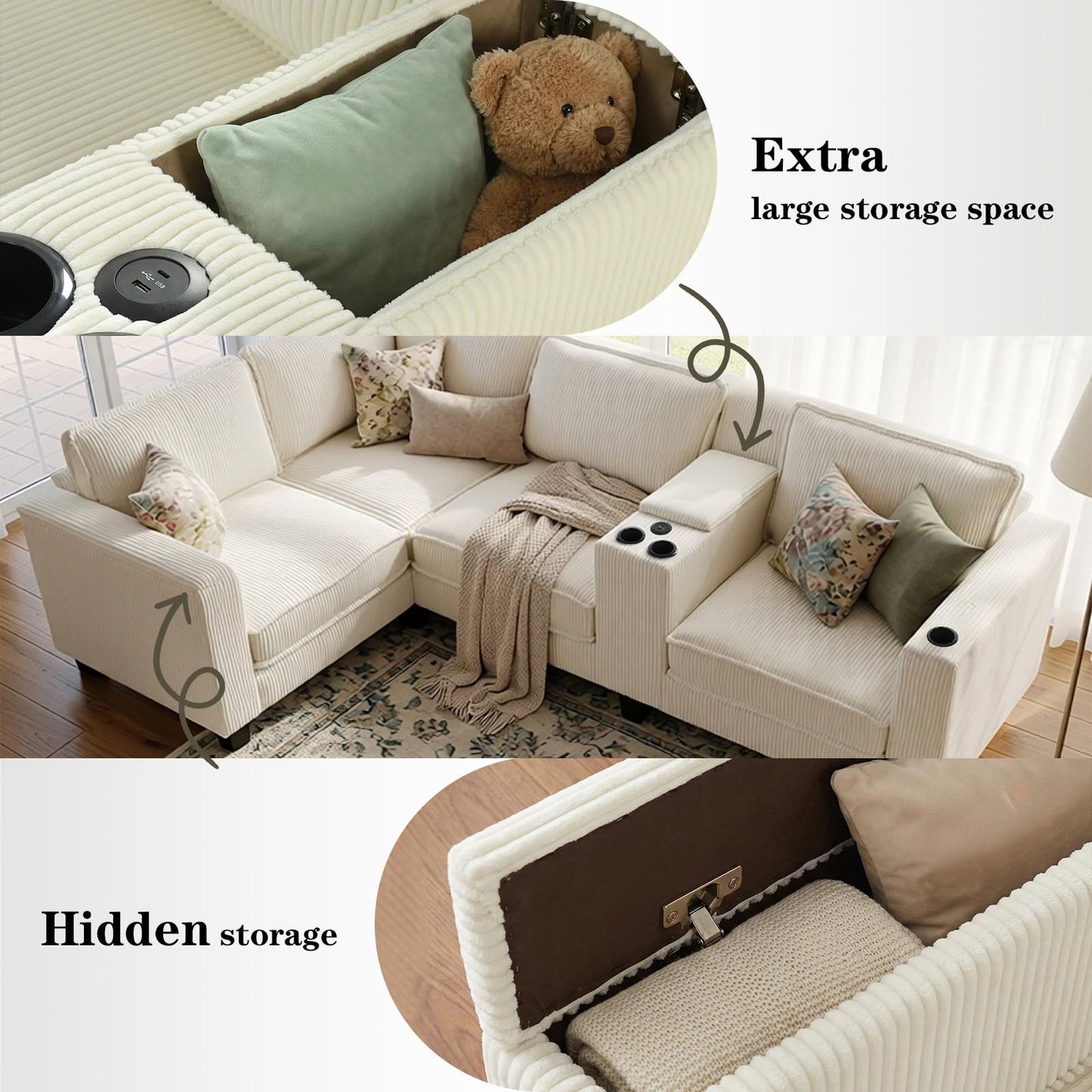 105.5" L-Shaped Corner Sectional Sofa with Multi-Functional Storage Console for Home Apartment, Comfy Corduroy Upholstered Cloud Couches W/USB-C Charger & Cupholders