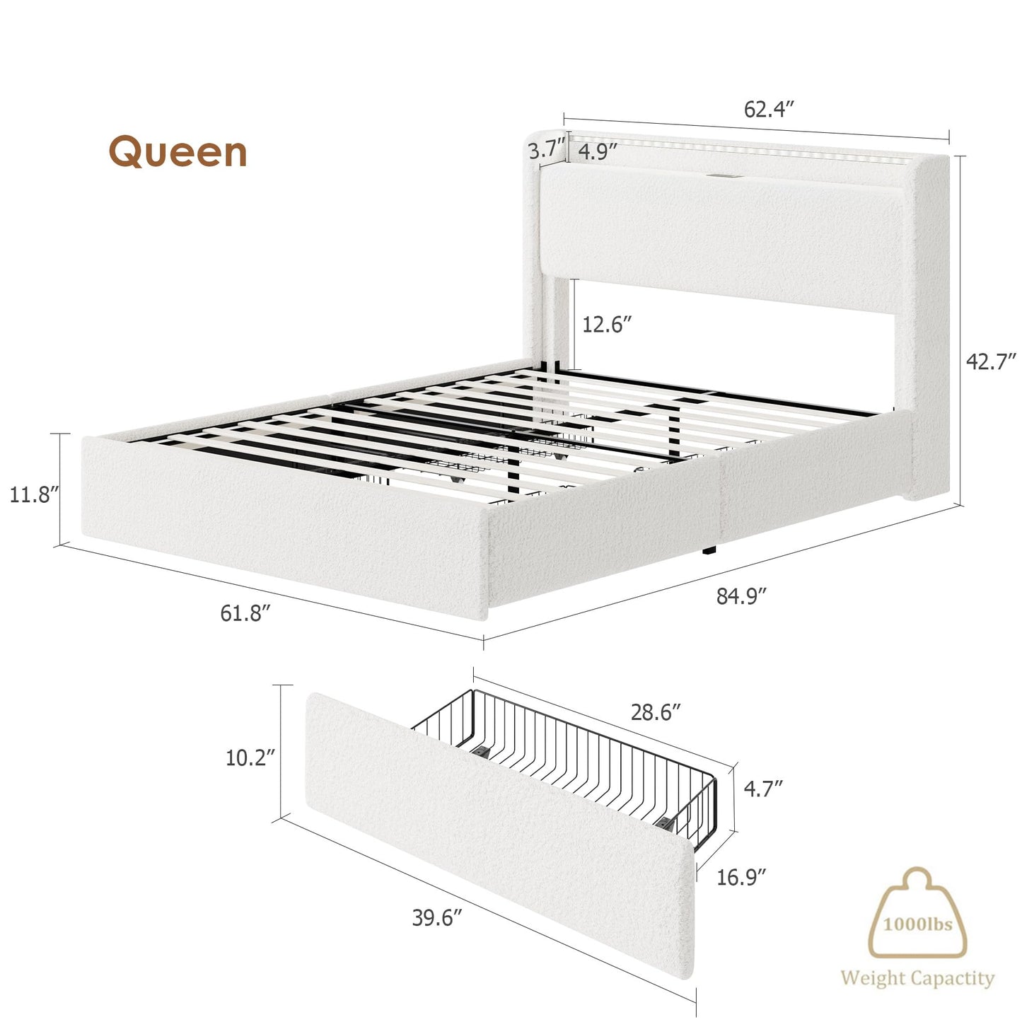 Queen LED Bed Frame with 4 Storage Drawers and Storage Headboard, Soft Boucle Upholstered Platform Bed Frame with Charging Station and USB Ports, Solid Wood Slats Support, No Box Spring Needed, White