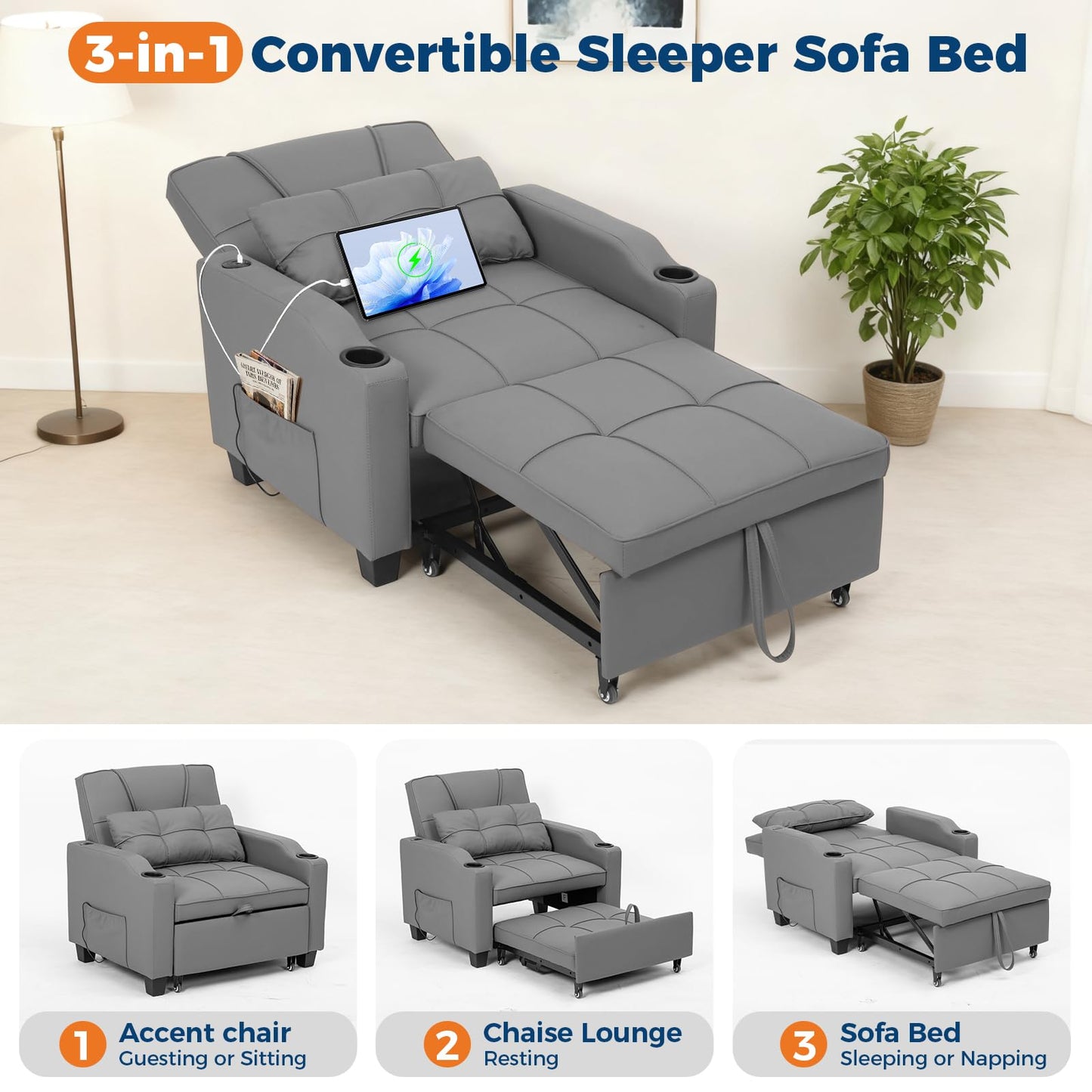 4 in 1 Convertible Sleeper Chair Bed with Vibration Massage Lumbar Pillow, Single Sofa Recliner Featuring USB/Type-C Port, Cup Holders & Side Pocket, Space-Saving Pull Out Bed for Small Spaces, Grey