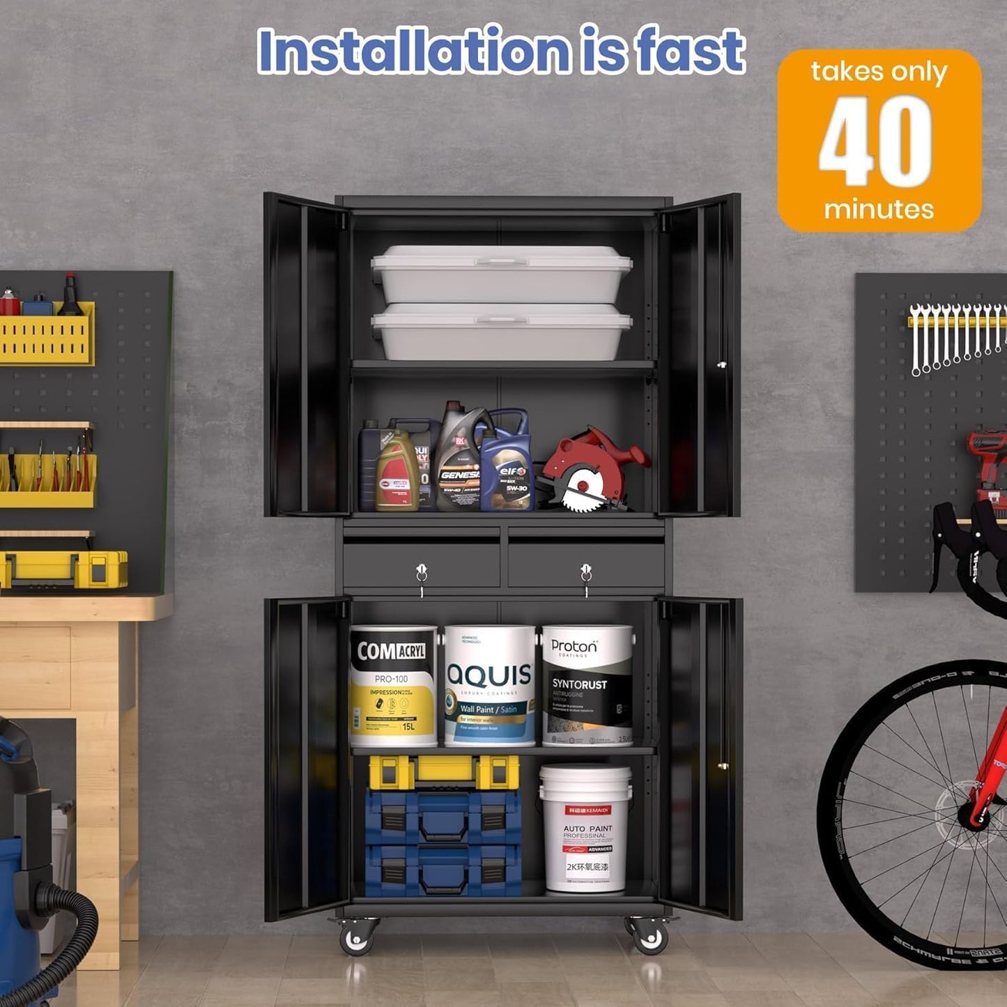IDEALHOUSE 73'' Metal Storage Cabinet, Heavy Duty Garage Storage with Wheels, Locking Doors and 2 Drawers, Adjustable Shelves for Garage, Workshop, Office, Black