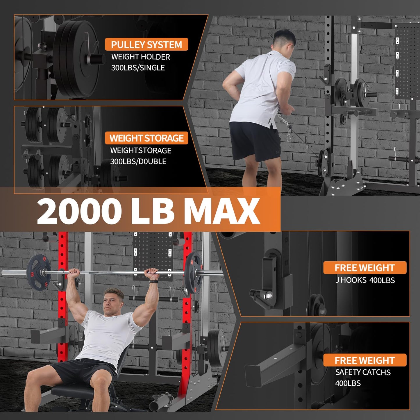 Garvee Power Cage, 2000LB Power Rack with Independent Dual Pulley System, Multi-Function Workout Cage Home Gym Workout Machine for Cable Crossover