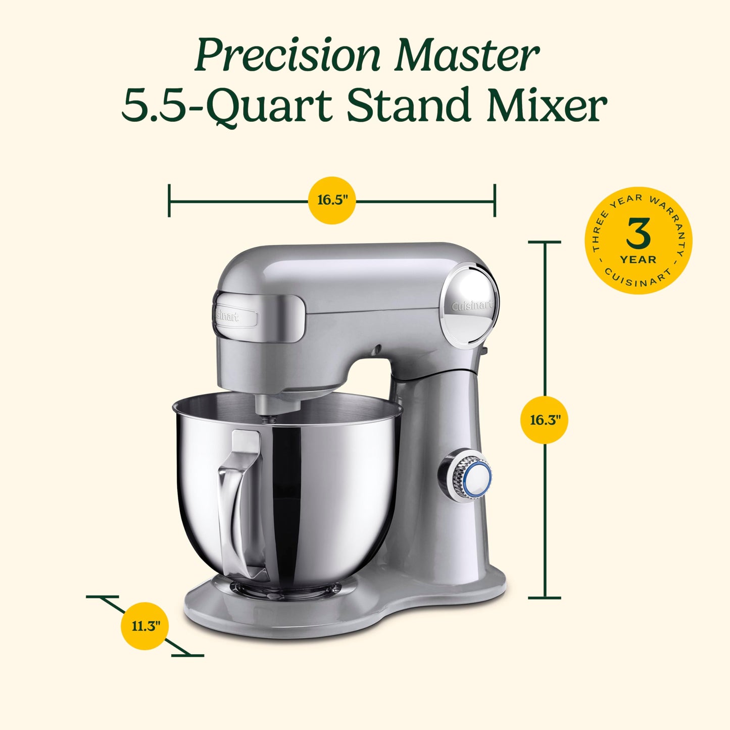 Cuisinart Stand Mixer, 12 Speeds, 5.5-Quart Mixing Bowl, Chef's Whisk, Flat Mixing Paddle, Dough Hook, and Splash Guard with Pour Spout, Silver Lining, SM-50BCNAS, Silver Lining