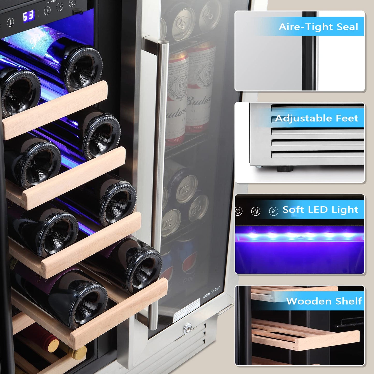 Antarctic Star Wine and Beverage Refrigerator, 24 Inch Dual Zone Wine Cooler with Glass Door, Built in or Under Counter Wine Fridge with Blue LED Light,18 Bottles and 66 Cans Capacity Beverage Cooler