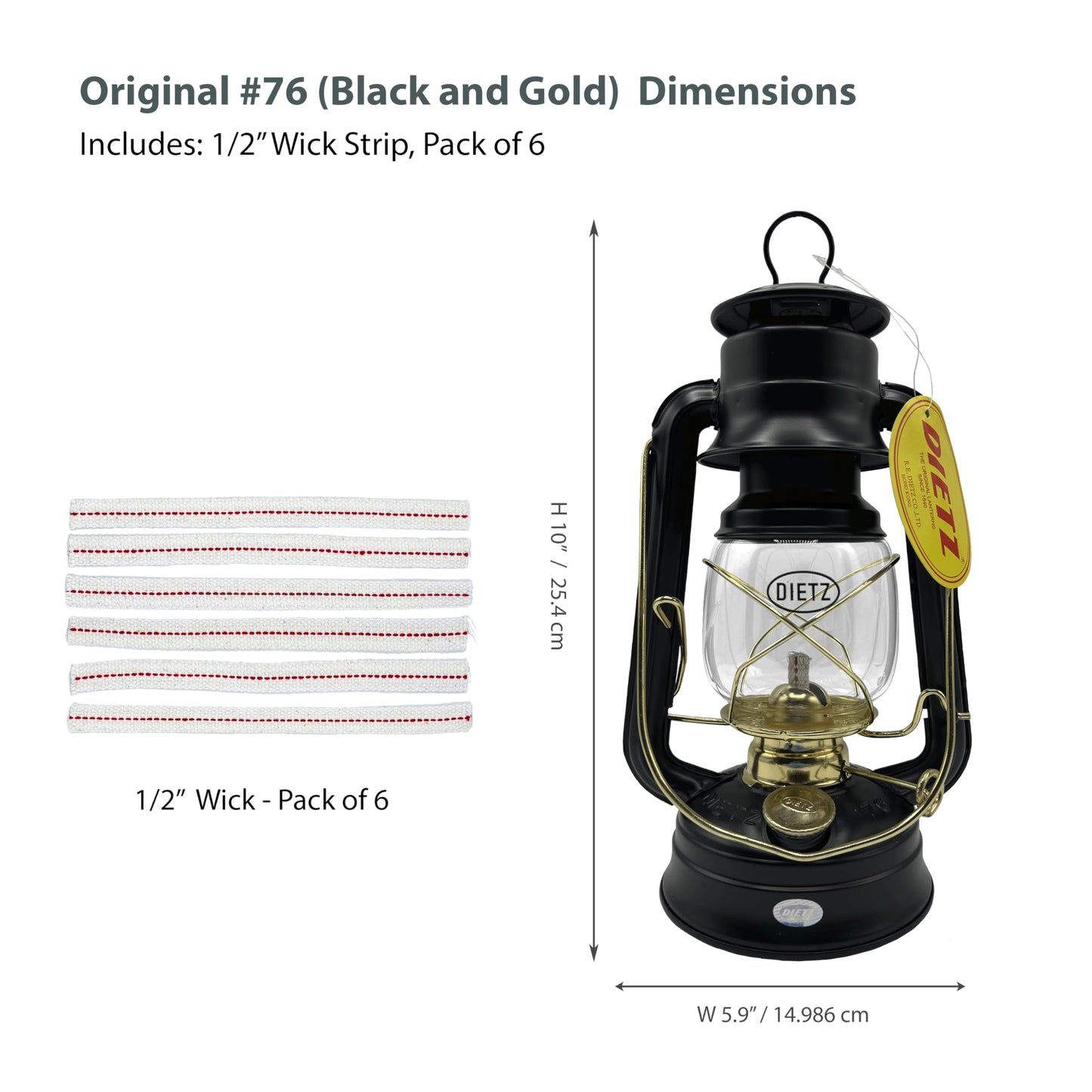 LIGHT OF MINE Oil Lantern - Dietz #76 Original, Black with Gold Trim, Metal, Replacement Wick Strips Included