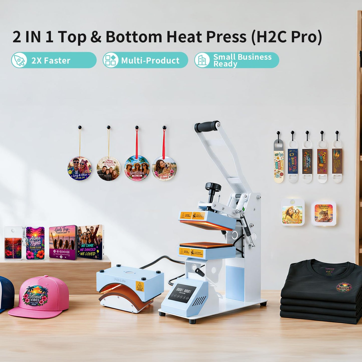 PYD Life 2 in 1 Top and Bottom Heat Press Machine H2C Pro Light Blue 110 V, Mini Combo Hat and Flat Press for DTF 3D UV DTF Labels, Double-Sided Blanks Sublimation Printing