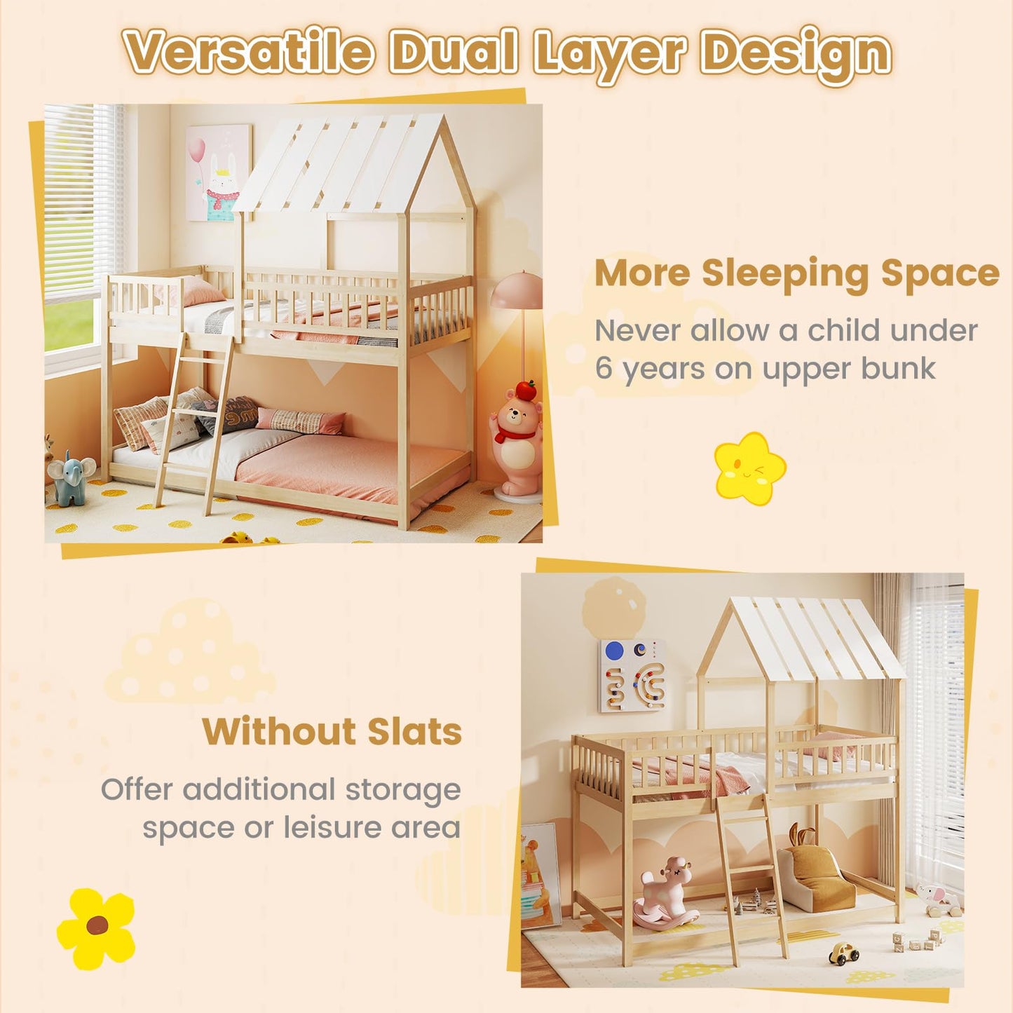 Giantex Twin Over Twin House Bunk Bed, Low Loft Bed Frame with Roof, Wood Bunk Bed with Ladder & Full-Length Guardrails, Twin Floor Bed for Kids Teens Boys Girls, No Box Spring Needed (Natural)