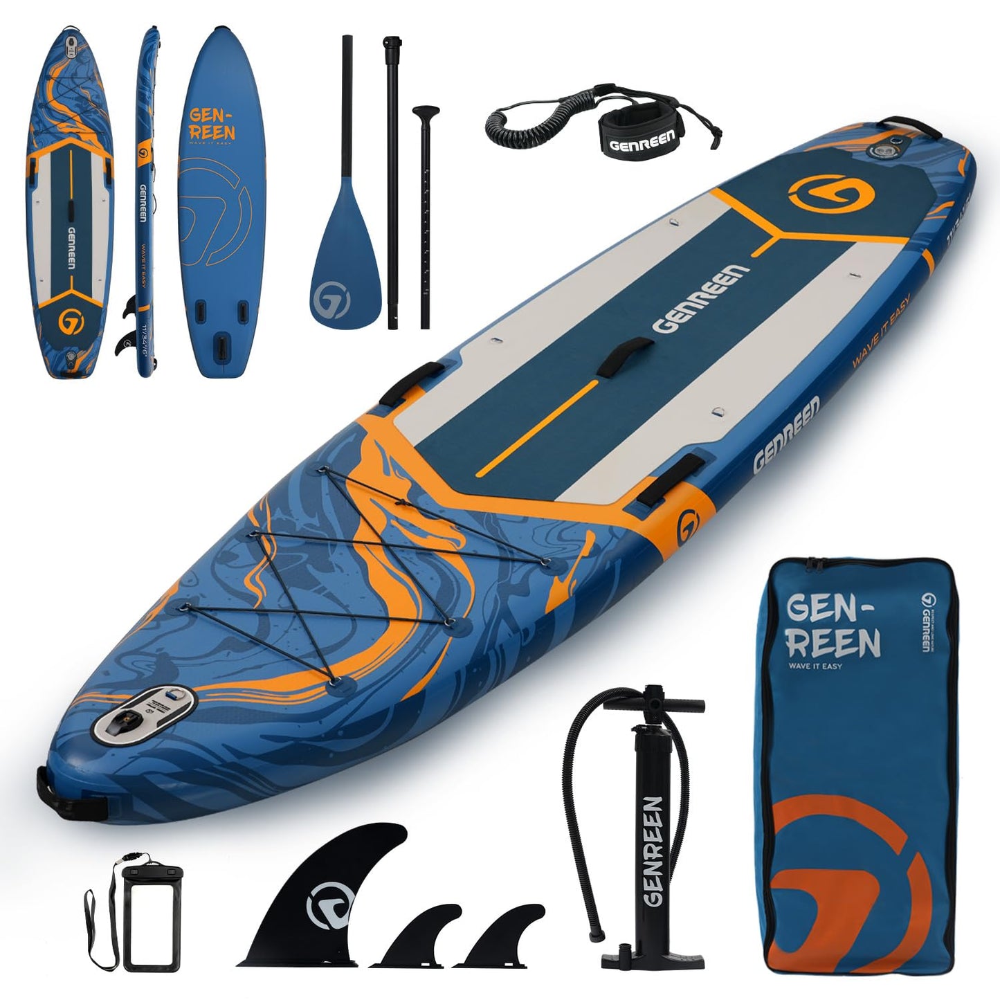 GENREEN Stand Up Paddle Board SUP Inflatable Paddleboard Newly Improved Quality Inspection5 Ultra Stable 5 Grips 450LBS 3 Fins EVA 0.5cm Wide 11'34"6" for JP Customers (Ocean Blue)