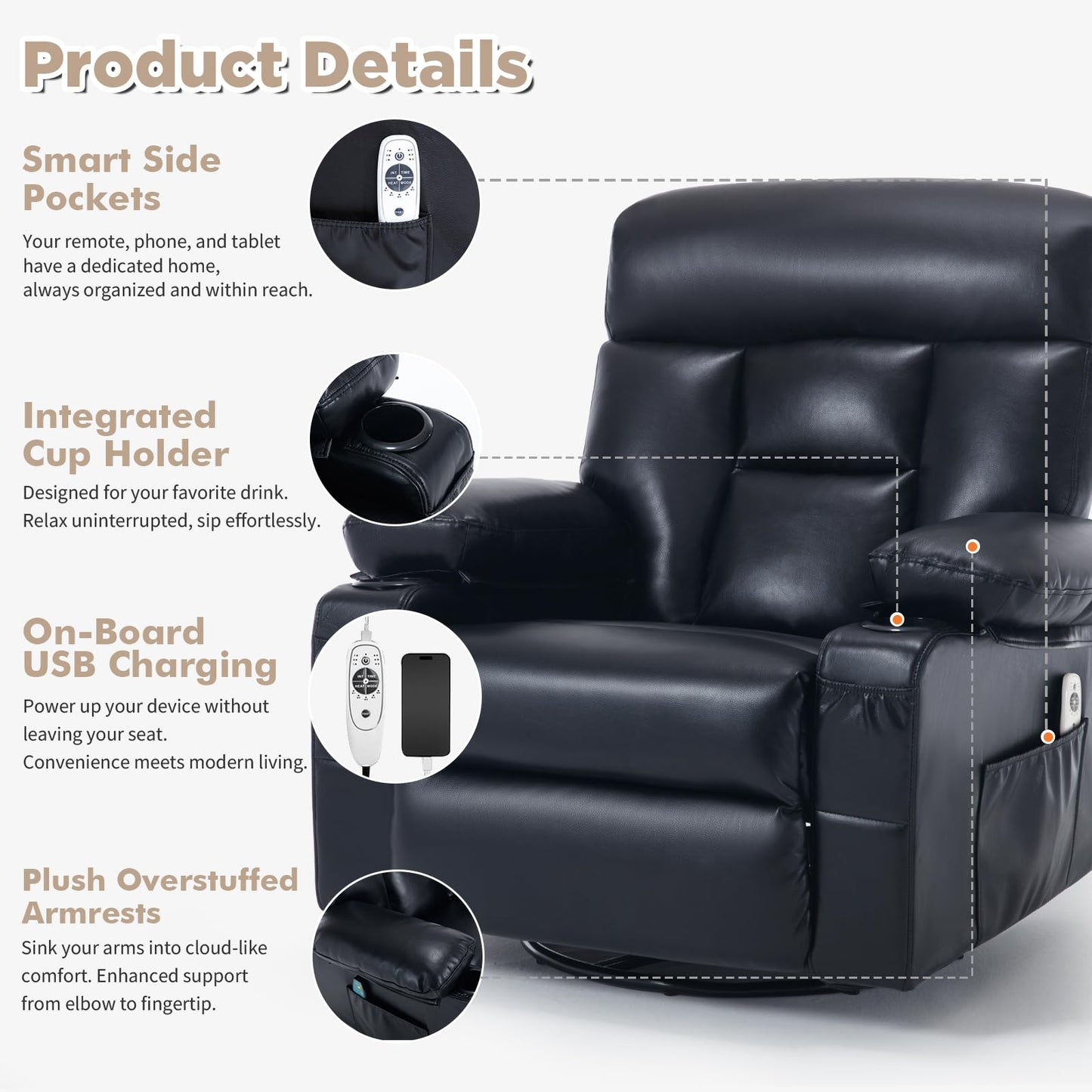 Comermax Rocker Recliner Chair with Heat and Massage, Wide Seat Heated Massaging Reclining Chair, Faux Leather Manual Swivel Rocking Recliners with Cup Holder, Black