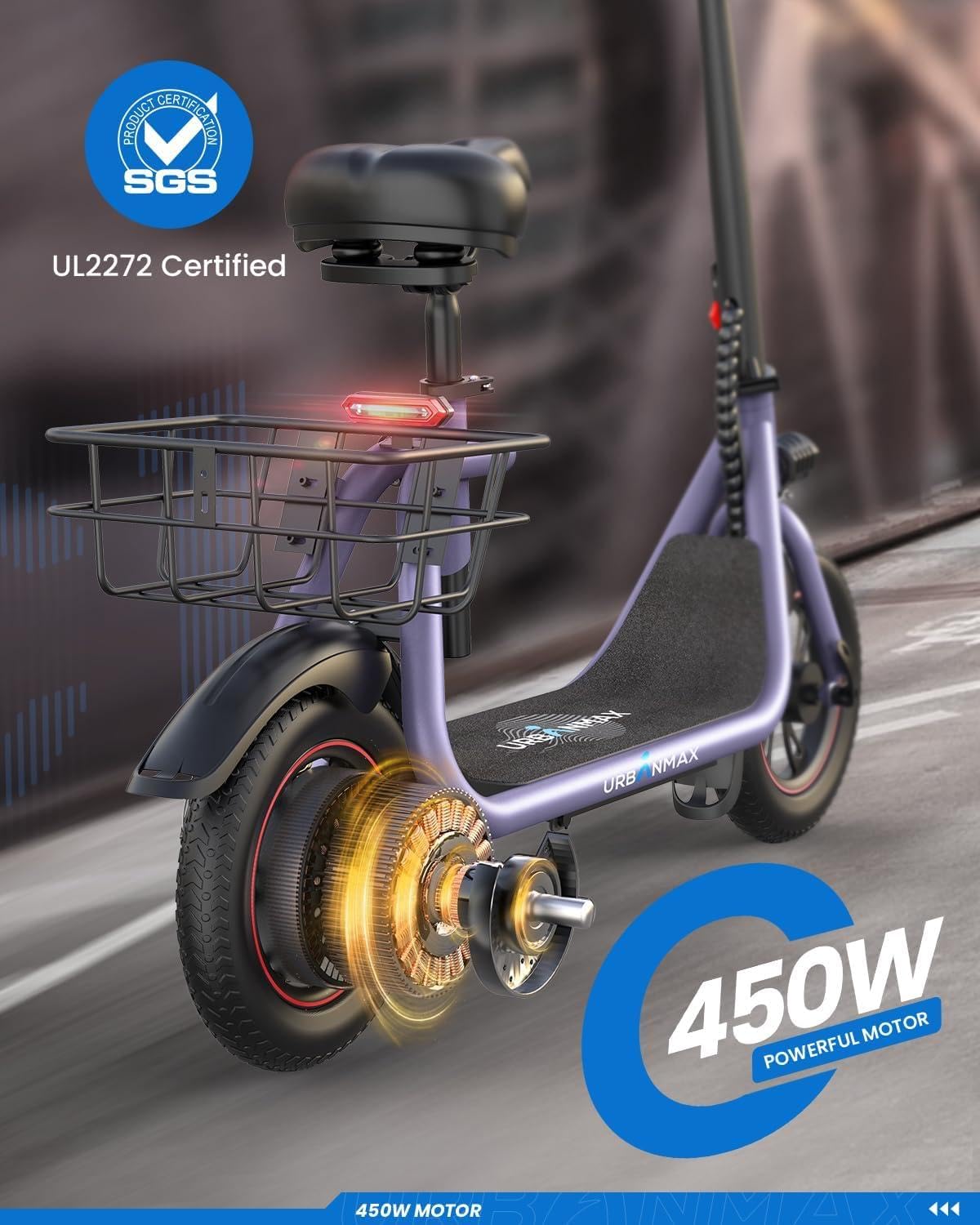 URBANMAX C1 Electric Scooter with Seat,450W Powerful Motor up to 20 Miles Range,Foldable E-Scooter for Adults Max Speed 15.5Mph,12" Pneumatic Tires for Commuting & Errands,Deep Purple